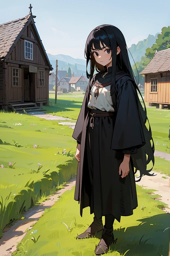 1girl, black hair, black eyes, long hair, adventurer, full body, standing, upright, medieval setting, small village, wooden buildings, grass, dirt, good proportions, detailed face, looking towards the viewer, serious expression