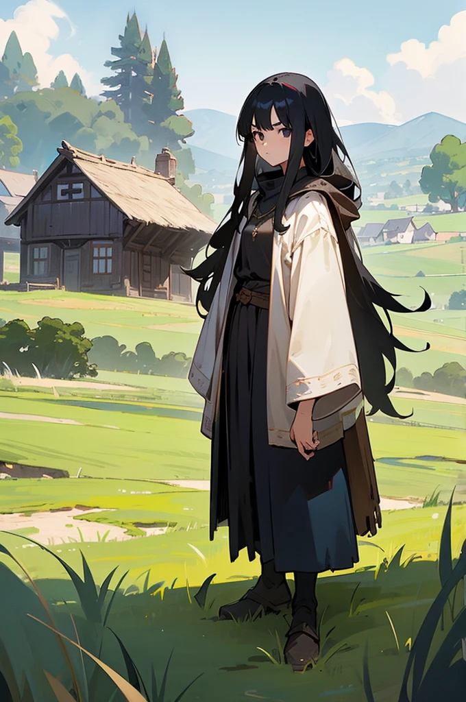 1girl, black hair, black eyes, long hair, adventurer, full body, standing, upright, medieval setting, small village, wooden buildings, grass, dirt, good proportions, detailed face, looking towards the viewer, serious expression