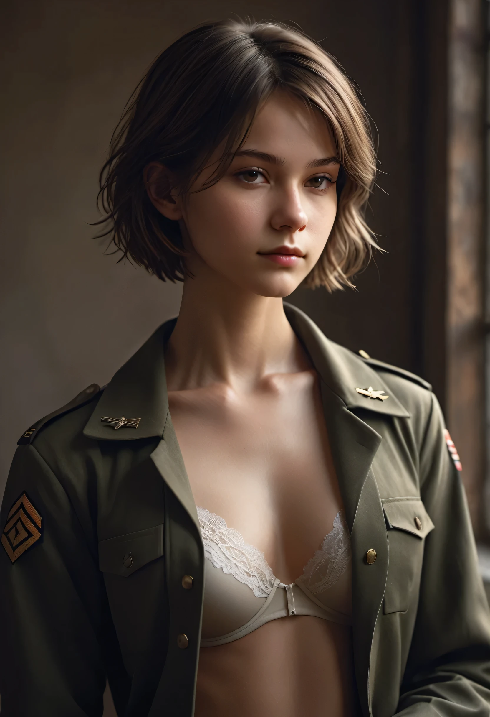 by Bojan Jevtic, Michael Borremans, Vector Art, RAW photo,close up of a strong yo Young Siberian Beauty, army officer, alluring, flat chested, Thoughtful Pose, Land Art, Ilford HP5+ 400, F/5, perfect skin, Smooth Skin,Full Body,Bold, Brilliant Dim Background Light, Friarmoody lighting,Sharp and in focus,8k, Visual novel, dramatic side lighting, Soft Image, Brilliant Masterpiece, open jacket, lacy bra, sad smile, messy short hair