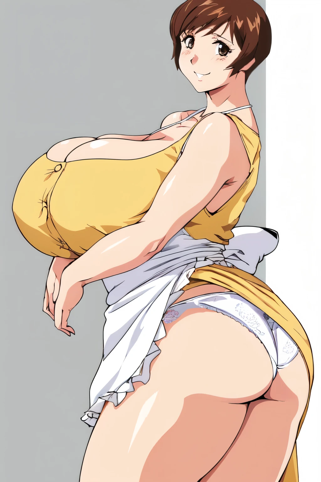 masterpiece, highest quality, High resolution, One girl, alone, sexual intercourse, Pornographic images, short hair, etsukoto, Brown eyes, fine grain, fine grain, (((Thick thighs, Plump thighs, Voluptuous thighs, Thighs alone are enough))), Huge and ample breasts, Cleavage, Huge long breasts, Naughty big,((Big breasts are important))、((Naughty thighs)), L Cup, (thin:1.4),(Tight waist:1.4), (Yellow Dress:1.4), ((white waist apron)), White panties, smile, (((Simple Background))), ((Wide Hips)), Shiny, Oily skin, Mature mother, Calf, Seductive mature woman, Perfect body, Plus Size Model, etsukoto, blush, clavicle, retro artstyle, 1990s (style), ((((Showing panties)))), ((bare legs)), From side,