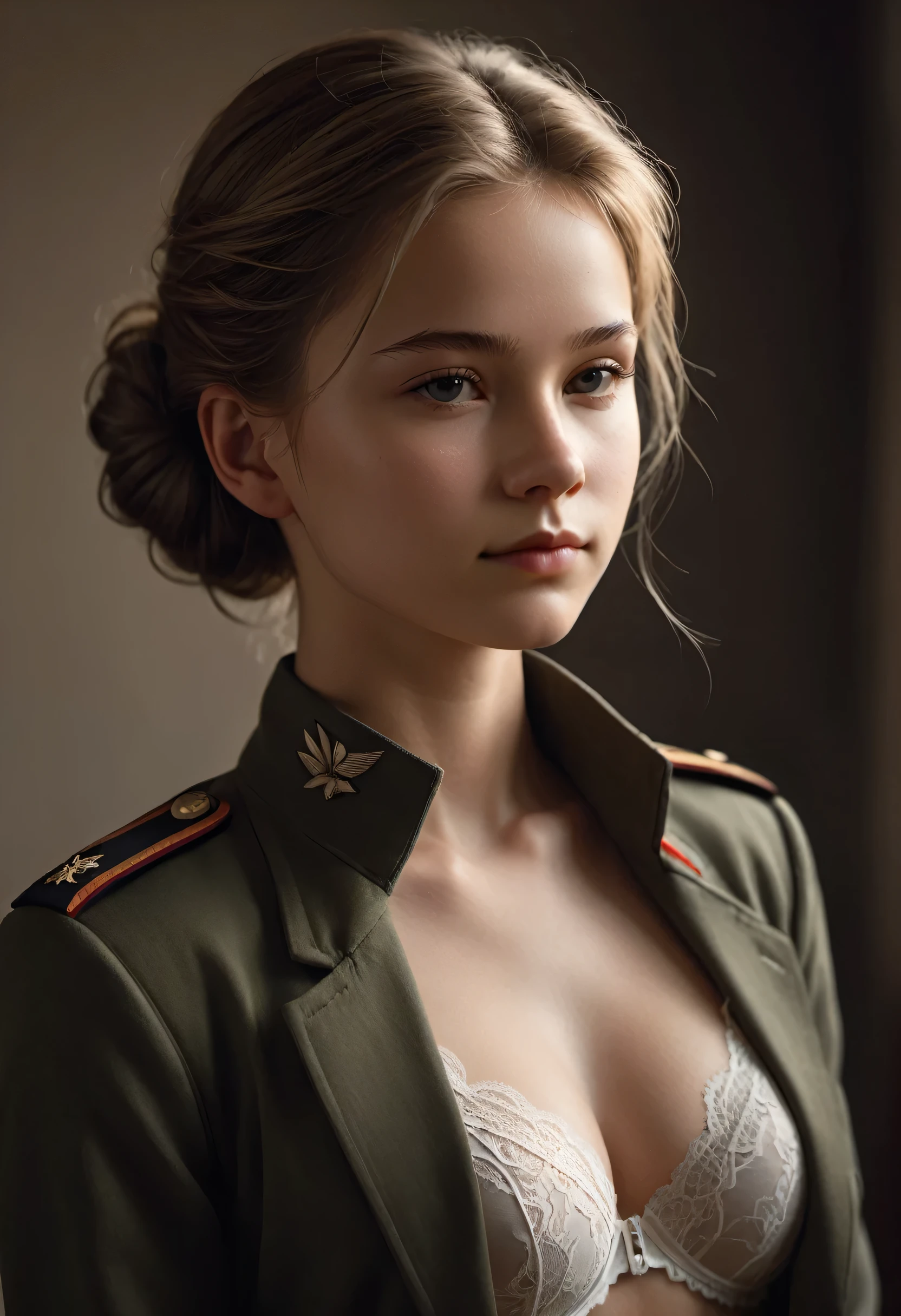 by Bojan Jevtic, Michael Borremans, Vector Art, RAW photo,close up of a strong 14yo Young Siberian Beauty, army officer, alluring, flat chested, Thoughtful Pose, Land Art, Ilford HP5+ 400, F/5, perfect skin, Smooth Skin,Full Body,Bold, Brilliant Dim Background Light, Friarmoody lighting,Sharp and in focus,8k, Visual novel, dramatic side lighting, Soft Image, Brilliant Masterpiece, open jacket, lacy bra, sad smile, hair up