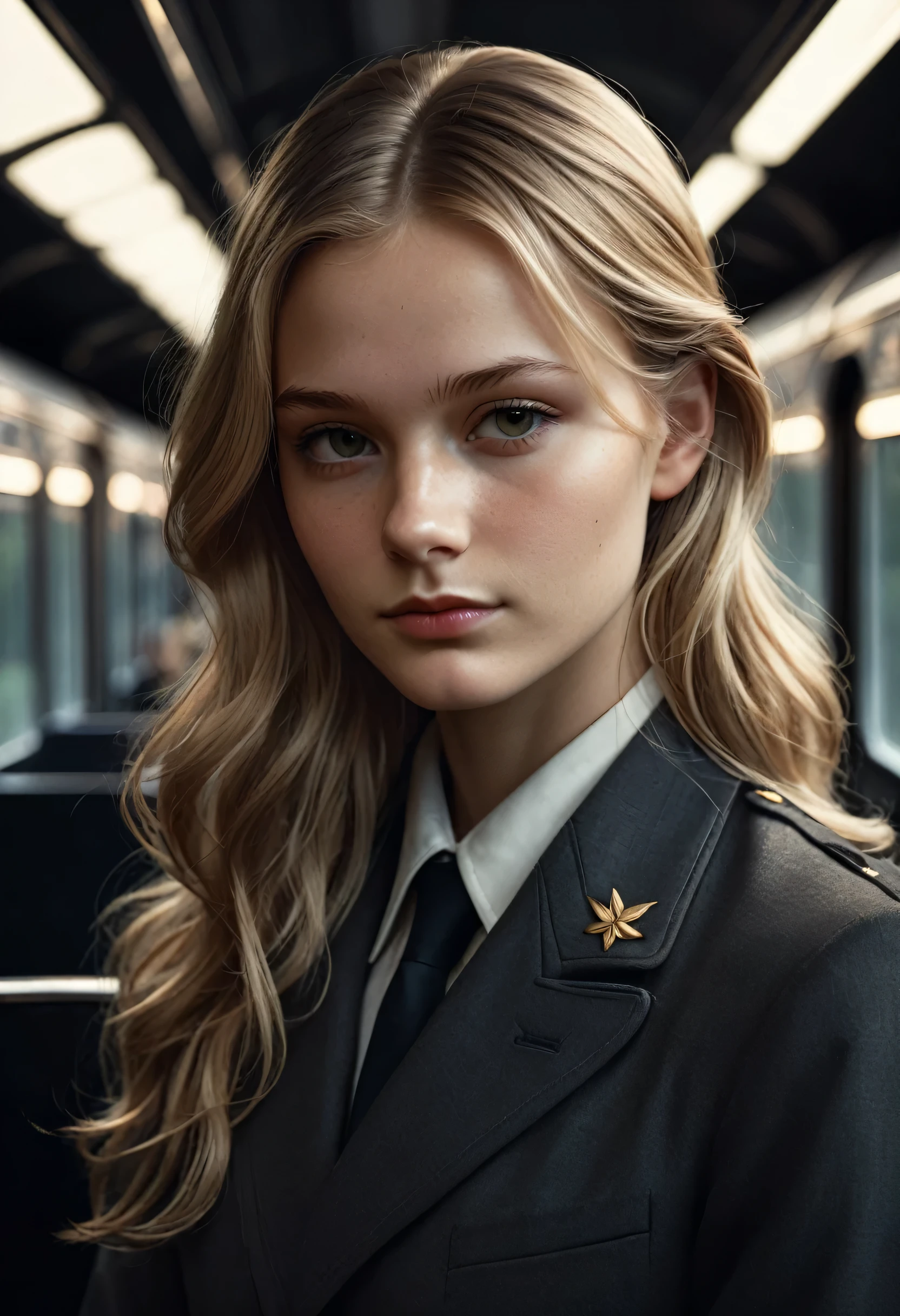 by Bojan Jevtic, Michael Borremans, Vector Art, RAW photo,close up of a strong 21yo Young Swedish Beauty Train conductor, alluring, Thoughtful Pose, Land Art, Ilford HP5+ 400, F/5, perfect skin, Smooth Skin,Full Body,Bold, Brilliant Dim Background Light, harsh side lighting, deep dark shadows, HDR, sharp and in focus,8k, Visual novel, Brilliant Masterpiece, sad smile, long wavy hair, colour