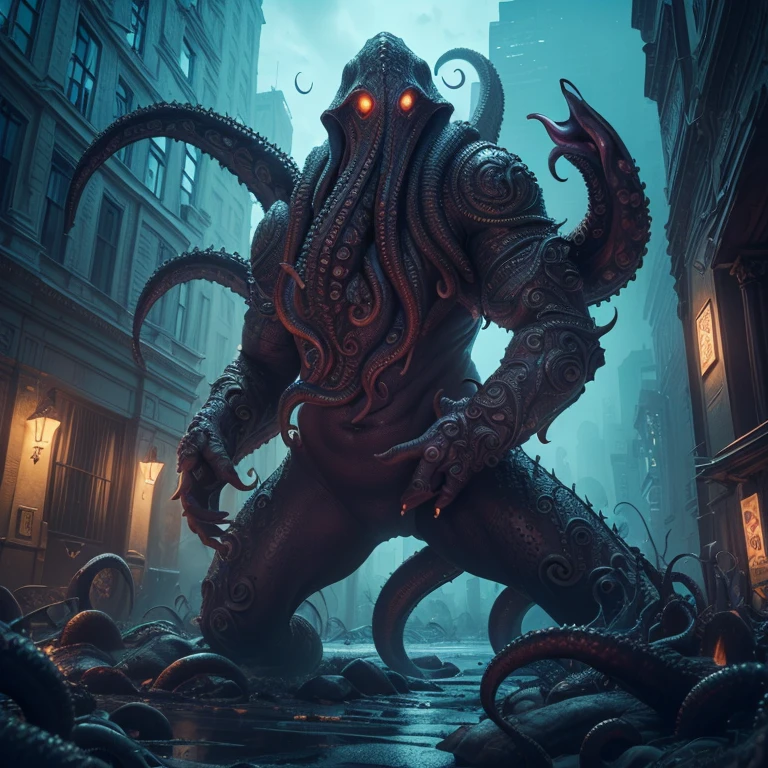 cthulhu, Colossal, destroying cities, in the rain, the night, ((best qualityer, extreme quality, Masterpiece artwork)), realisitic