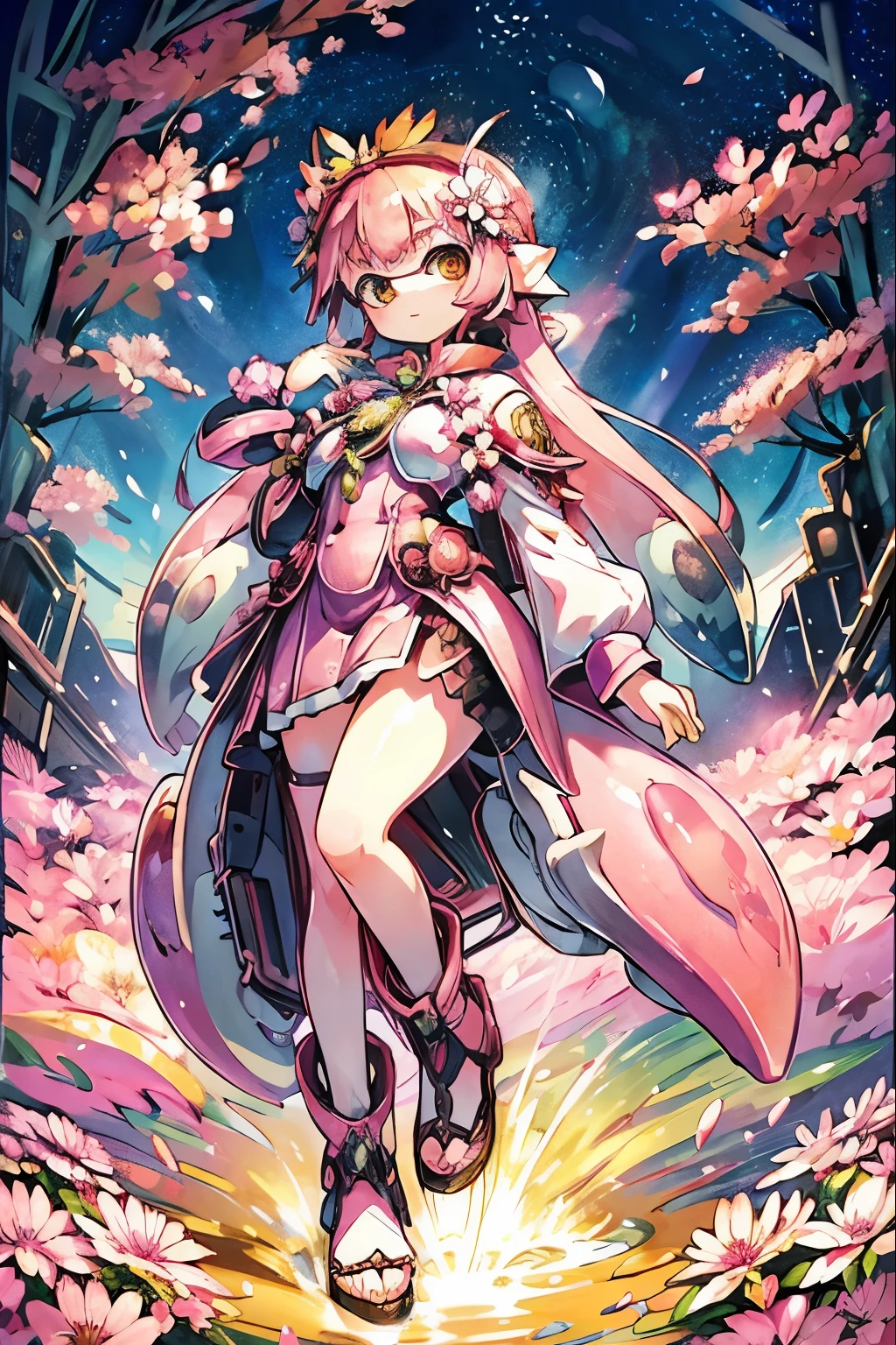 masterpiece、highest quality、High resolution、Real Anime、3D、background image、Flower Field、Flowers on one side、Lots of petals、SakuraFubuki、beautiful、beautiful、You can see far from the top of the hill、Ultra-wide angle、picnic、Splatoon Girl、20-year-old、picnicをしている、((Angle from below))、(((full body)))、Golden Eyes、Pink tentacle hair、Metallic shiny tentacle hair、Flower Hair Ornaments、Flower crown、((looking up:1.2))、Looking at the flowers above、Open Mouth Smile、blush、The flowers are scattered far and wide、Punk Battle Suit、