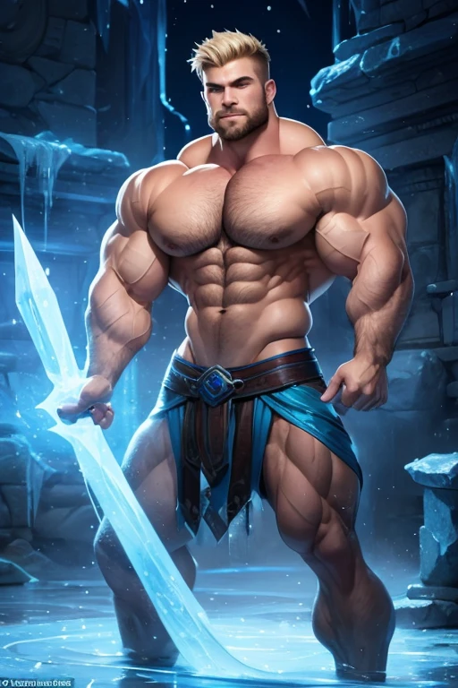 A WATER mage is shaping two spirals of  frozen water around himself. Tai-chi stance. He is an absolute muscle monster, 20 years old short blond hair and stubble. Obscenely wide shoulders and traps. Very defined ‘V’ body shape with a narrow waist. Well defined six pack. Exceptionally hairy chest