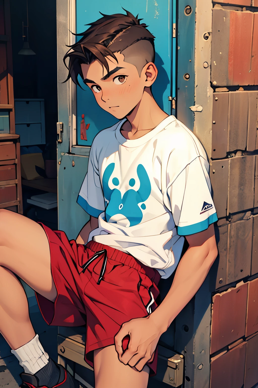 Highres, Masterpiece, Best quality at best,Best Quality,hight quality, hight detailed, 1boy, Shota, Red hoodie, Wearing headset, Sleeveless hoodie, (very small and short stature), (very young boy), (very small and short body), -yeld bo (Showing armpit:1.4), School, Sweat