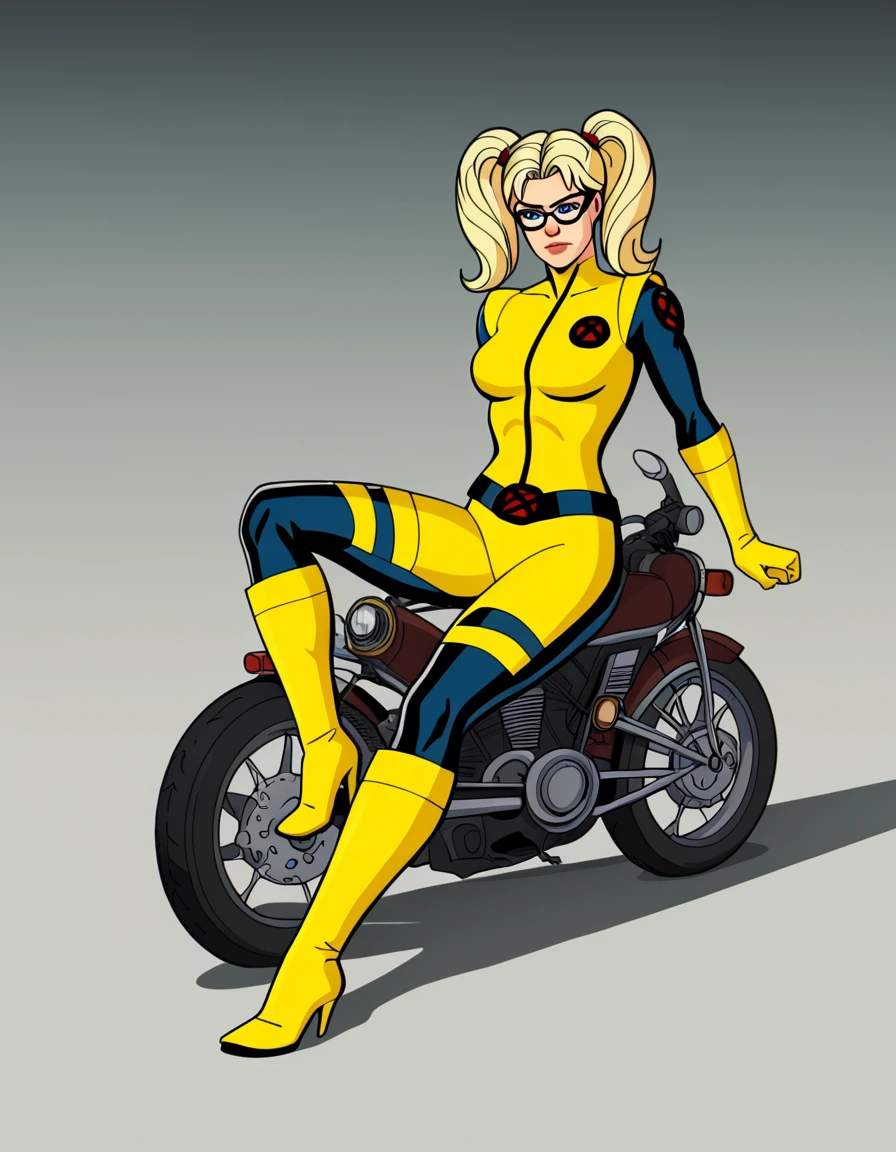 xmen97 style, anime coloring, flat color, cel shading, cel shaded, 2d, PonyXLV6_Scores zPDXL, 1girl, solo, blonde hair, ponytails, yellow bodysuit, medium breasts, glasses, heels, blue eyes, sitting on motorcycle 