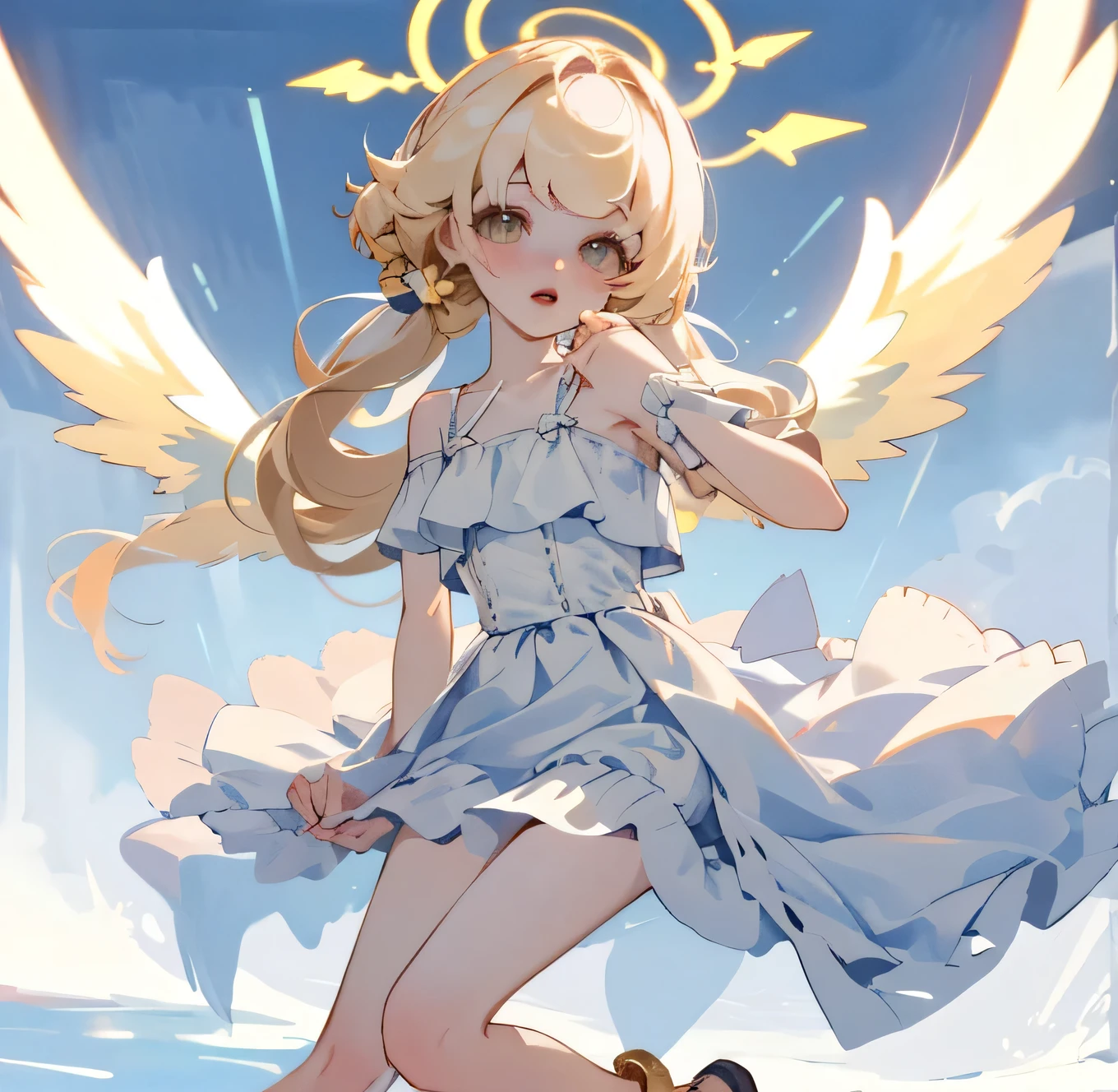(high quality) (best quality) (a woman) (correct physiognomy) (5 fingers on each hand) (two arms) (two eyes) Woman, white hair with bangs over her forehead, four small angel wings coming out of her head , two on the left side and two on the right side, two angel wings coming out of her back, a golden halo behind her head, golden eyes, tender lips, middle age, white dress with straps over the shoulders, diagonal skirt cut leaving one leg exposed, location of the photo the woman must be in the middle of the forest, lighting of the photo sunlight, full body proportion, showing in the photo the body from the head to the torso, two arms