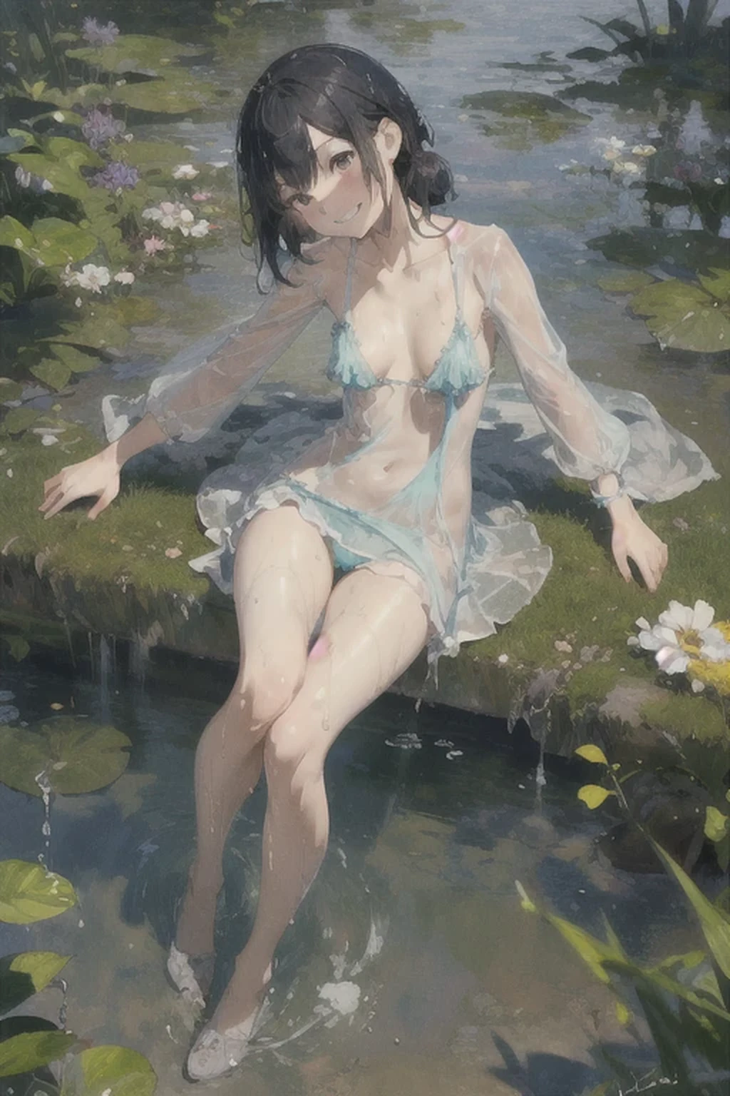 absurd , high resolution, Super detailed, (8  girl:1.3), Large Breasts，Happy, rest, Sundress, Ink cap, mary jane shoes, rest, Rich gradients, extreme colors, Extreme details, Clear light perception, rest, (many, Impressionism, ), Anime Characters, rest, The opening of your legs,Fluid between thighs、Flowing liquid，touch、disheveled、Comfortable to wear,Chest contour、(((Wet clothes))),Pipe top，(((Ultra-thin clothing))),(Body model),((Body outline)),Grin, blush,Overactive Expression,