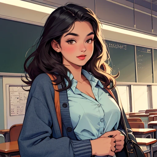 (((highest quality))),masterpiece,1 woman,((the perfect person)),((Super beautiful woman)),detailed perfect face,retro,vintage,classic. Highschool girl , fashionista, modern girl, cardigan in school dress ,