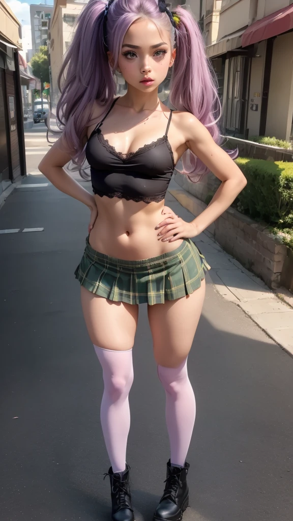 (Cute woman: 1.5), gothic girl, full body, (((small woman))), (((short stature))), (colored skin), (dark green skin), huge pointed ears, long hair and messy, low twin tails, puppy bows, pastel purple hair, big round eyes, heterochromia, bushy eyebrows, big realistic round nose, freckled nose (shiny fur), makeup, cat eyeliner, dark smoky eyeshadow , bright natural lips, spaghetti strap camisole top, off-the-shoulder lace-up hoodie, gothic plaid pleated skirt, ripped thigh-high stockings, Doc Martens platform, (((big chest))), (((slim waist) ))), perfect hips, apple butt, (masterpiece), (((best quality 8k,16k))) vibrant colors, (specular lighting), (dynamic shadows), bored expression, raised eyebrow, hands on hips , city street during daytime, elf girl, (((detailed uktra skin))), UHD, (focused), ((sharp)),