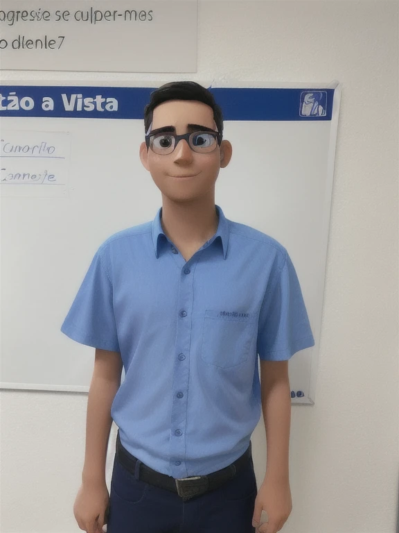 Personagem de desenho animado pixar de um menino de camisa azul, cinto preto, thin glasses