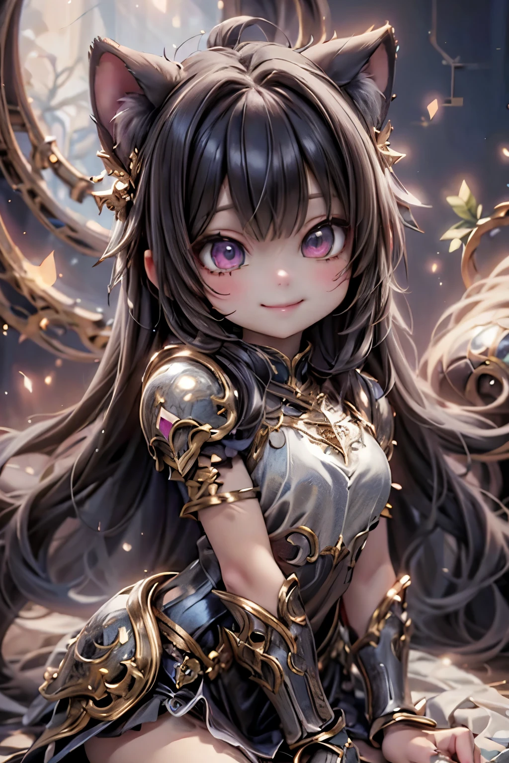 masterpiece, best quality, chibi, a cute girl smiling, wearing a magical armor, fantasy art style, 