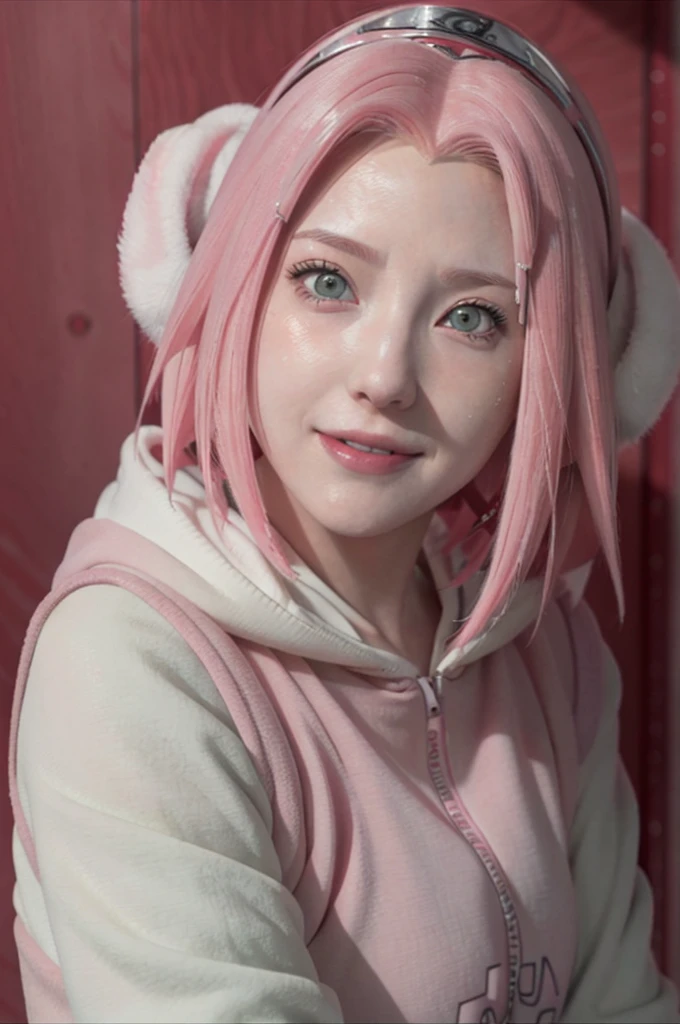 person with short hair and a hoodie, haruno sakura, haruno sakura from naruto, from naruto, as an anime character, perfect anime face, she has pink hair, female anime character, anime character, anime best girl, hime cut hairstyle, pink hair, (red glossy lips:1.3), light green eyes, smile, (beautiful face:1.3), showing armpits, sweaty body