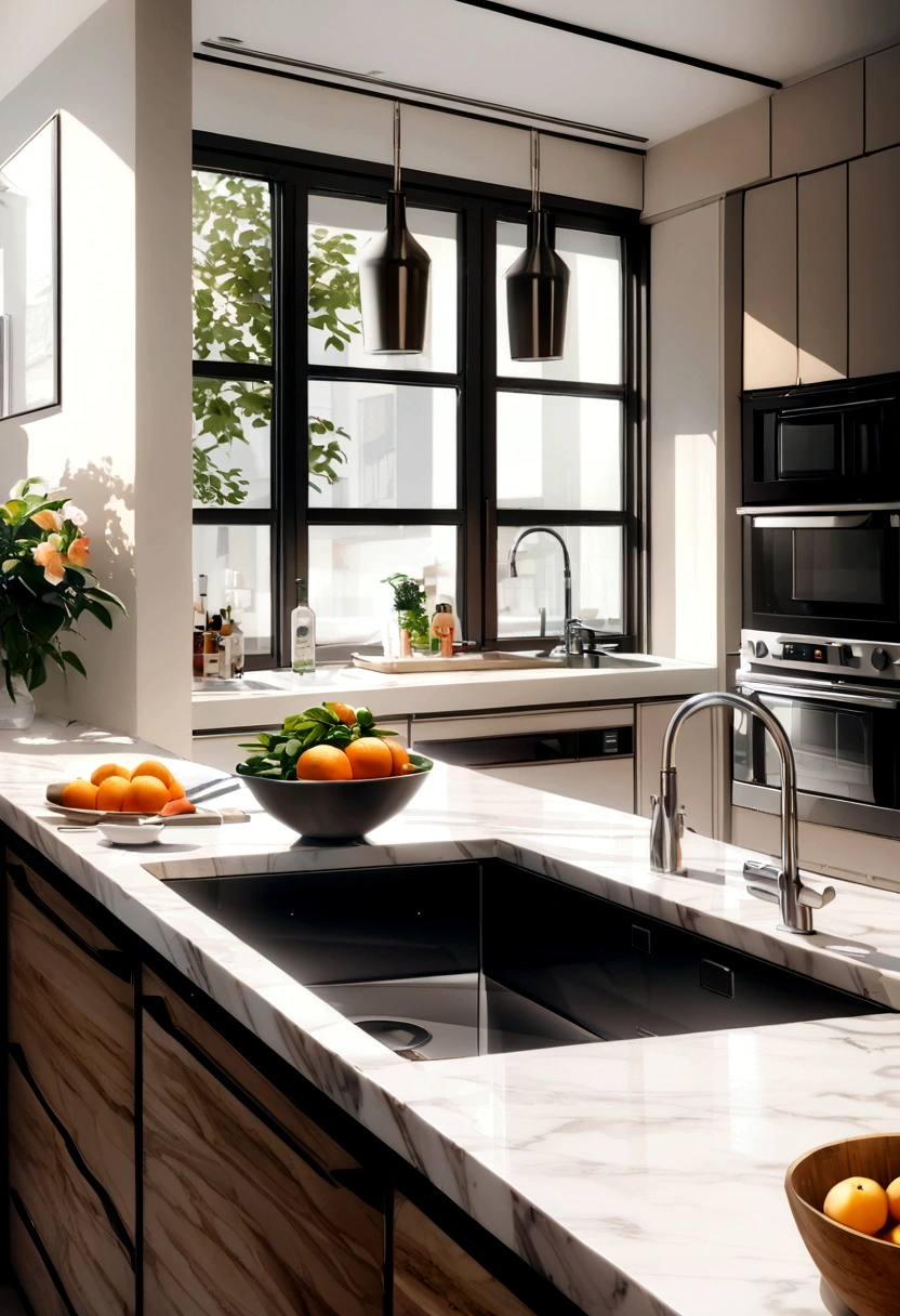 An average corner of a modern kitchen in a stylish apartment, with sleek stainless steel appliances and white marble countertops, There&#39;s an island with bar stools and a bowl of fresh fruit, under natural light, glows through the large windows, shot with a Sony A7R IV, 28mm lens, colourful