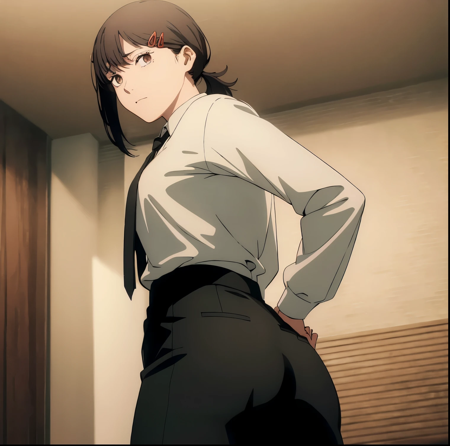 1 girl, alone, kobeni higashiyama, black hair, hair ornament, hair clip, mole, mole under the eye, ponytail, short hair, (brown eyes: 1.5), (office clothes:1.2), formal wear, (white shirt: 1.2), long sleeve, black tie, dress pants, (tight black pants: 1.2), black shoes, medium breasts, medium waist, wide hips, wide thighs, round butt, facing viewer, looking back, from behind, point of view (from below), showing butt, (interior: 1.2), (looking back: 1.2), ( office:1.2), window, (lighting:1.2), (Masterpiece : 1.2), Best Quality, High Resolution, Unity 8K Wallpaper, (Artwork: 0.8), (Beautiful and Detailed Eyes: 1.6), Extremely Detailed Face, Perfect Lighting, Extremely Detailed CG, (Perfect Hands, Perfect Anatomy )
