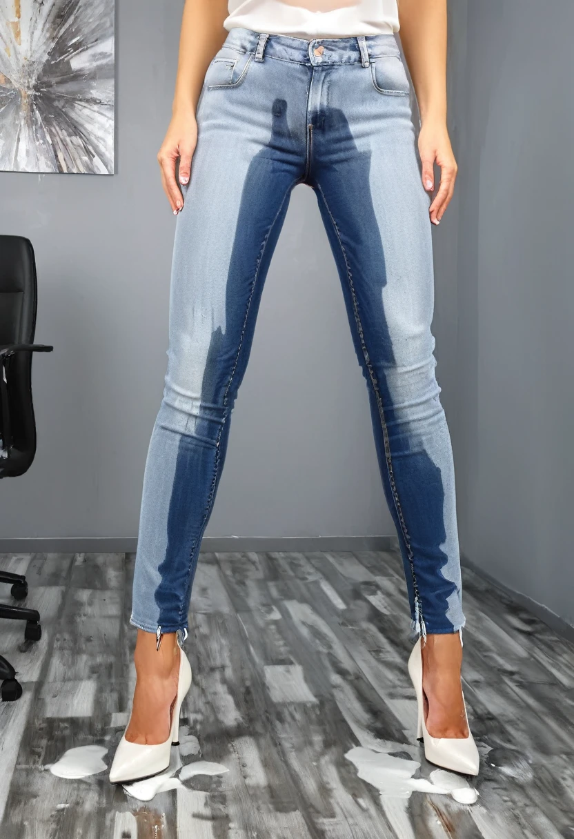 attractive blonde woman wearing skinny jeans, ((platform pumps)), white blouse, standing in an office, wetting, big smile, pee stains are gleaming wet, pee dribbles from crotch of jeans