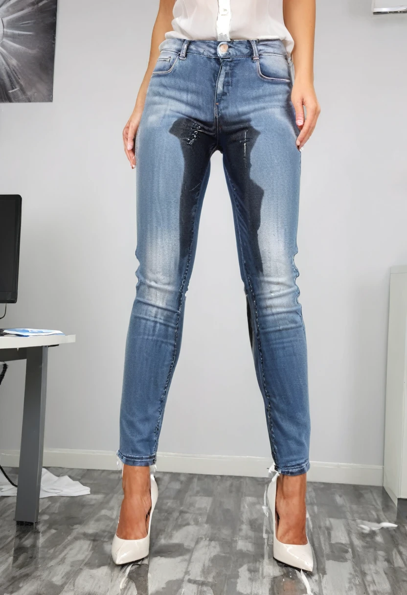 attractive blonde woman wearing skinny jeans, ((platform pumps)), white blouse, standing in an office,  wetting, big smile, pee stains are gleaming wet, pee dribbles from crotch of jeans