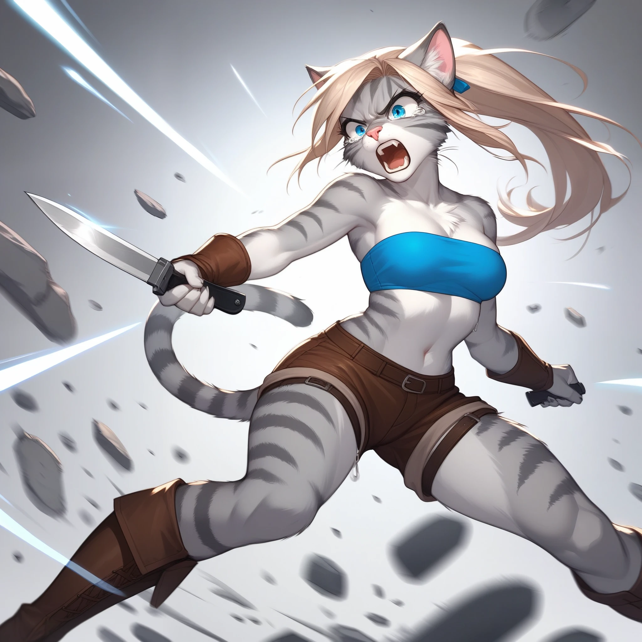 Solo, score_9,score_8_up,score_7_up, source_cartoon, source_furry, Kat, Anthro furry feline girl, tall body, hourglass figure, adult female, blue eyes, :3, snout, pink nose, silver furry body, grey tabby cat stripes, long blonde hair, hair in a ponytail, wearing blue bandeau, brown short shorts, brown boots, leather straps accessories, holding two knives, standing, battle stance, swinging a knife, stabbing motion, screaming, angry, she is tearing up