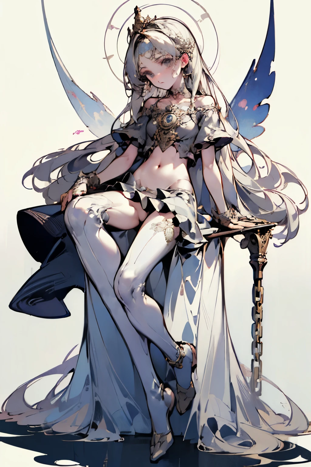 ((best quality)), ((masterpiece)), (detailed), 1girl, Character design, female, dynamic poses, long white grey hair, grey white eyes, very skinny, detailed, best quality, no accesoires around the neck, no shoes, prominent collarbones, skinny arms, flat stomach, visible hip bones, full body, blank white background, plain background, white background, red and white clothing, Bloodborne inspired, occult aesthetic, occult, detailed and intricate steampunk and detailed gothic, NSFW, Very dramatic and cinematic lighting, cosmic horror, grim-dark, side-lighting, perfect face, NSFW, Fluttering lace flared long knee length dress with frilly petticoats, knee length dress, pleated petticoats, petticoats gothic, complex lace boots, side-lighting, gothic aesthetic, wielding a mighty sword with mechanical components, mandalas, small , a fairy, various different types of insect wings, NSFW, full body, whole body, body, plain background, white background, blank background, no background, white background NSFW, chains, full body, whole body, head-to-toe NSFW