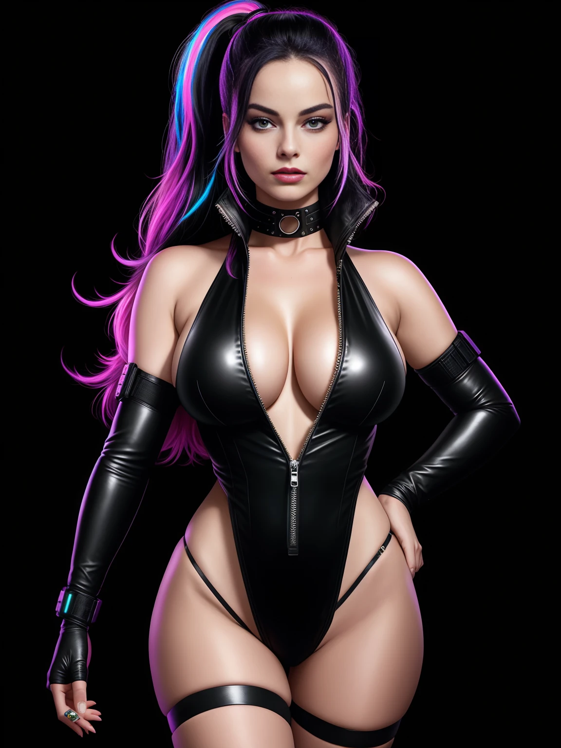 there is Margot Robbie, black neon streaked hair, hair in pony tail, 3 d neon art of a womans body, neon-noir background, cyberpunk femme fatale, seductive cyberpunk dark fantasy, cyberpunk strip clubs, cyberpunk 20 y. o model girl, oppai cyberpunk, banner, high definition cgsociety, cgsociety masterpiece, trending on cgstation, kda, random hair, looking at camera, gigantic breasts, cleavage, (high detailed skin:1.2), 8k uhd, dslr, super lighting, high quality, film grain, high res, highly detailed, hyper realistic, beautiful face, beautiful body, beautiful eyes nose lips, alluring expression, very bold, upper  visible, full body photo, standing legs apart, pale translucent glowing skin, most beautiful face, cute, (well defined pubic hair:1.2)), (dark plain black background:1.4))