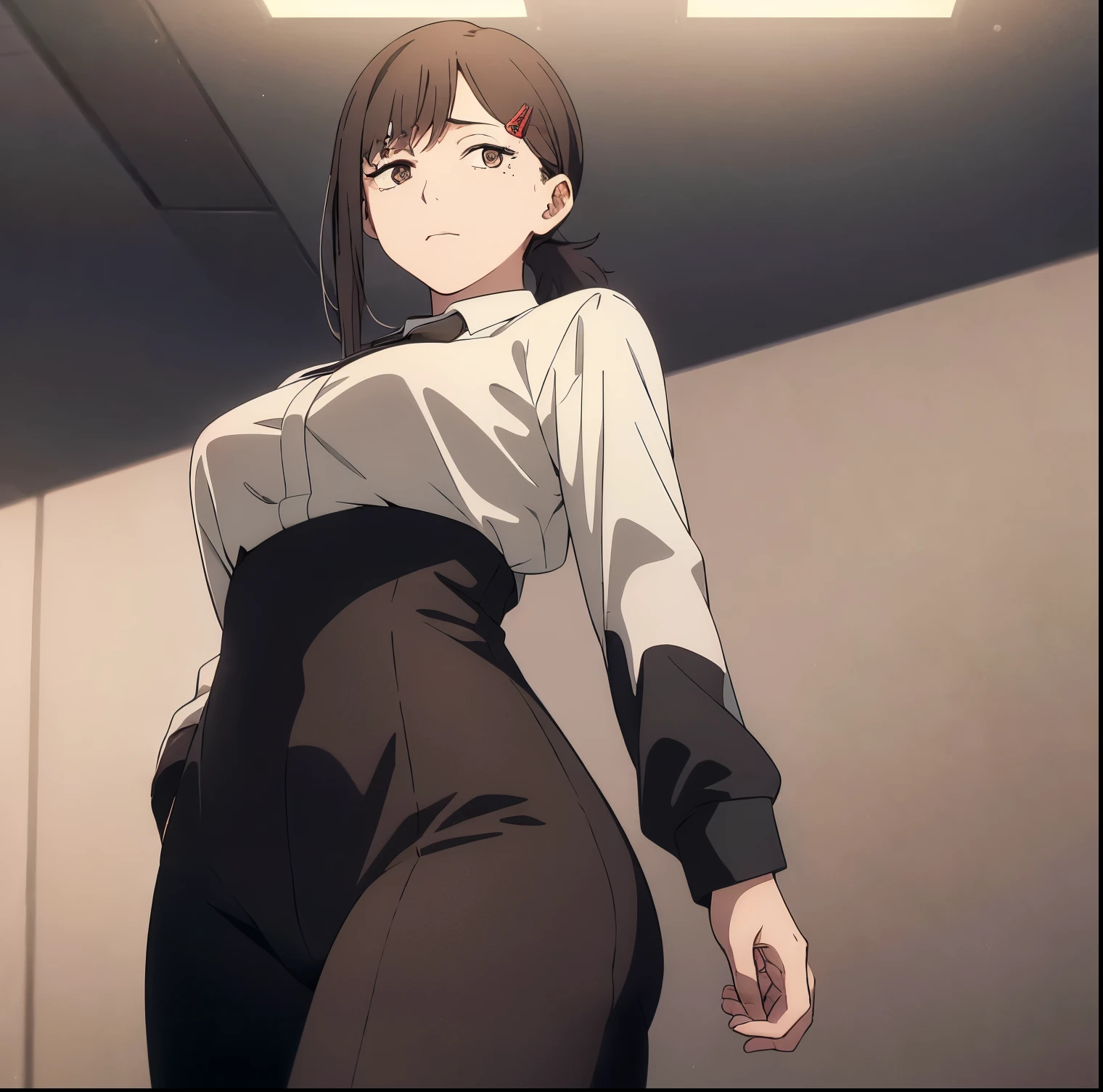 1 girl, alone, kobeni higashiyama, black hair, hair ornament, hair clip, mole, mole under the eye, ponytail, short hair, (brown eyes: 1.5), (office clothes: 1.2), formal wear, (white shirt: 1.2), long sleeve, black tie, dress pants, (tight black pants: 1.2), black shoes, medium breasts, medium waist, wide hips, wide thighs, round butt, facing viewer, from the front, focus on hips, point of view (from below), (interior: 1.2), (office: 1.2), (butt showing: 1.2), window, (lighting: 1.2), (Masterpiece: 1.2) , Best Quality, High Resolution, Unity 8K Wallpaper, (Artwork: 0.8), (Beautiful and Detailed Eyes: 1.6), Extremely Detailed Face, Perfect Lighting, Extremely Detailed CG, (Perfect Hands, Perfect Anatomy)