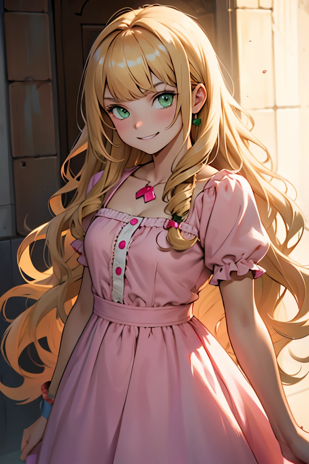 a cute  girl, a 12 yearwith peach blonde voluminous  wavy hair with bangs and green eyes, dressing a pink dress, a cute  with evil smile
