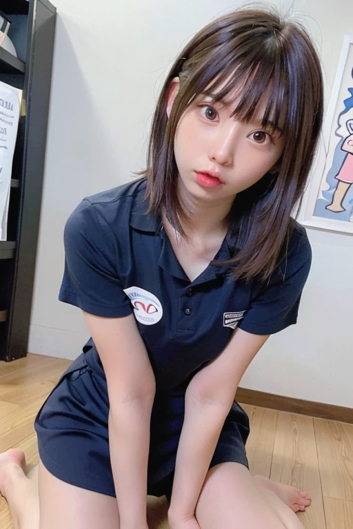 ((best quality)), ((masterpiece)), (super detailed photo), 1 Asian girl, ars old with cute right color , super mini skirt, sitting on her knees on slightly darker classroom floor, opening her legs exposing panty, focused closely on her face, blue eyes, nose, and mouth, mouth opening, tongue out, long wet tongue, super smooth wet legs, her one hand is up making sign attracting me,