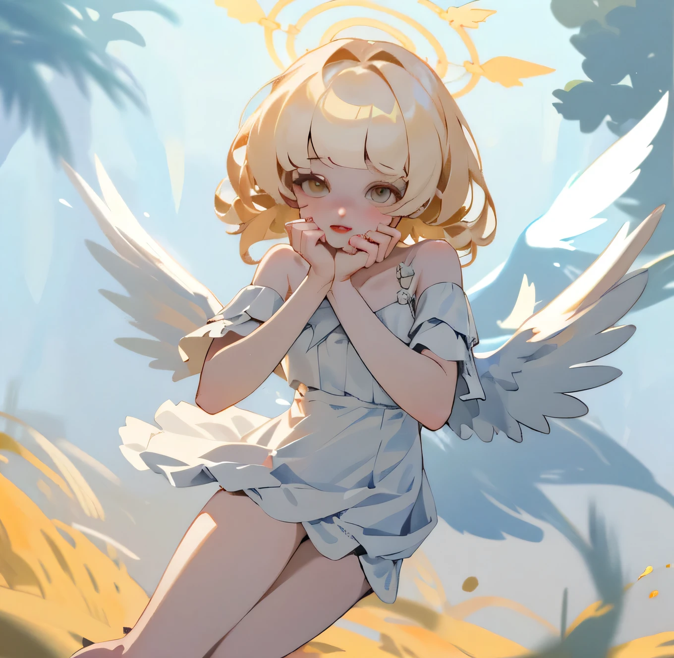 (high quality) (best quality) (a woman) (correct physiognomy) (5 fingers on each hand) (two arms) (two eyes) Woman, white hair with bangs over her forehead, four small angel wings coming out of her head , two on the left side and two on the right side, two angel wings coming out of her back, a golden halo behind her head, golden eyes, tender lips, middle age, white dress with straps over the shoulders, diagonal skirt cut leaving one leg exposed, location of the photo the woman must be in the middle of the forest, lighting of the photo sunlight, full body proportion, showing the body from head to torso in the photo