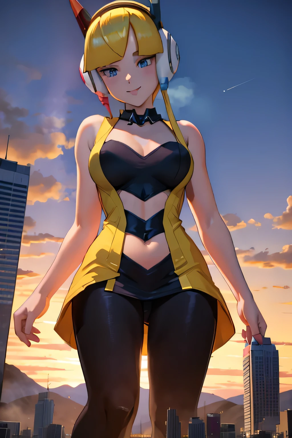 masterpiece, best quality, bw1elesa, blonde hair, short hair, headphones, cables, choker, cleavage, black and yellow dress, short dress, clothing cutout, navel cutout, sleeveless, pantyhose, 900000 meters tall, giving off a beautiful smile, giantess art, highly detailed giantess shots, giantess, Two legs, Five fingers, High resolution, highest quality, masterpiece