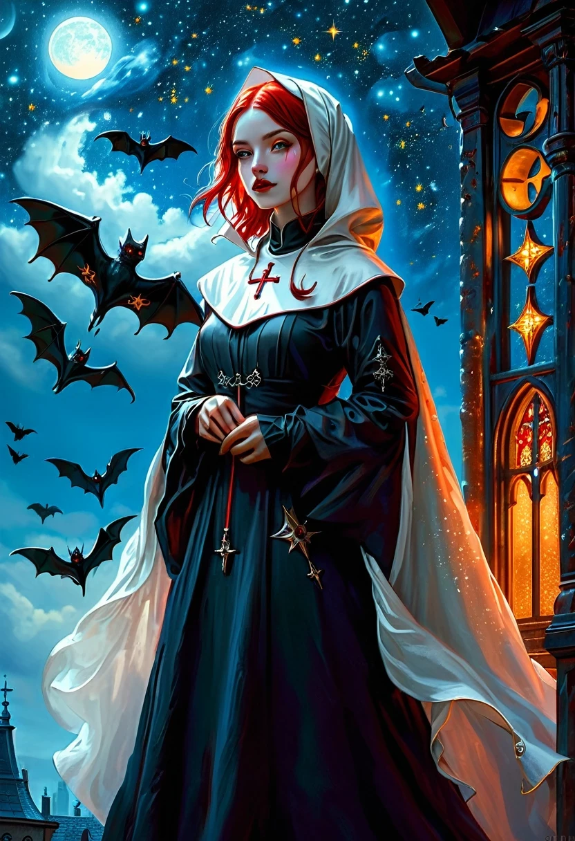 a picture of an exquisite beautiful female (nun: 1.3) vampire standing under the starry night sky on the porch of her monastary, action shot, dynamic angle (ultra detailed, Masterpiece, best quality), ultra detailed face (ultra detailed, Masterpiece, best quality), ultra feminine, (pale skin: 1.3), red hair, wavy hair, dynamic eyes color, cold eyes, glowing eyes, intense eyes, dark red lips, ((fangs: 1.1)), wearing white nun habit (ultra detailed, Masterpiece, best quality), wearing (blue cloak: 1.3) (ultra detailed, Masterpiece, best quality), long cloak, flowing cloak (ultra detailed, Masterpiece, best quality), wearing (high heeled boots: 1.3), sky full of stars background, moon, bats flying about, action shot, high details, best quality, 16k, [ultra detailed], masterpiece, best quality, (ultra detailed), full body, ultra wide shot, photorealism, dark fantasy art, dark fantasy art, gothic art, many stars, dark fantasy art, gothic art, sense of dread,  GlowingRunesAI_red