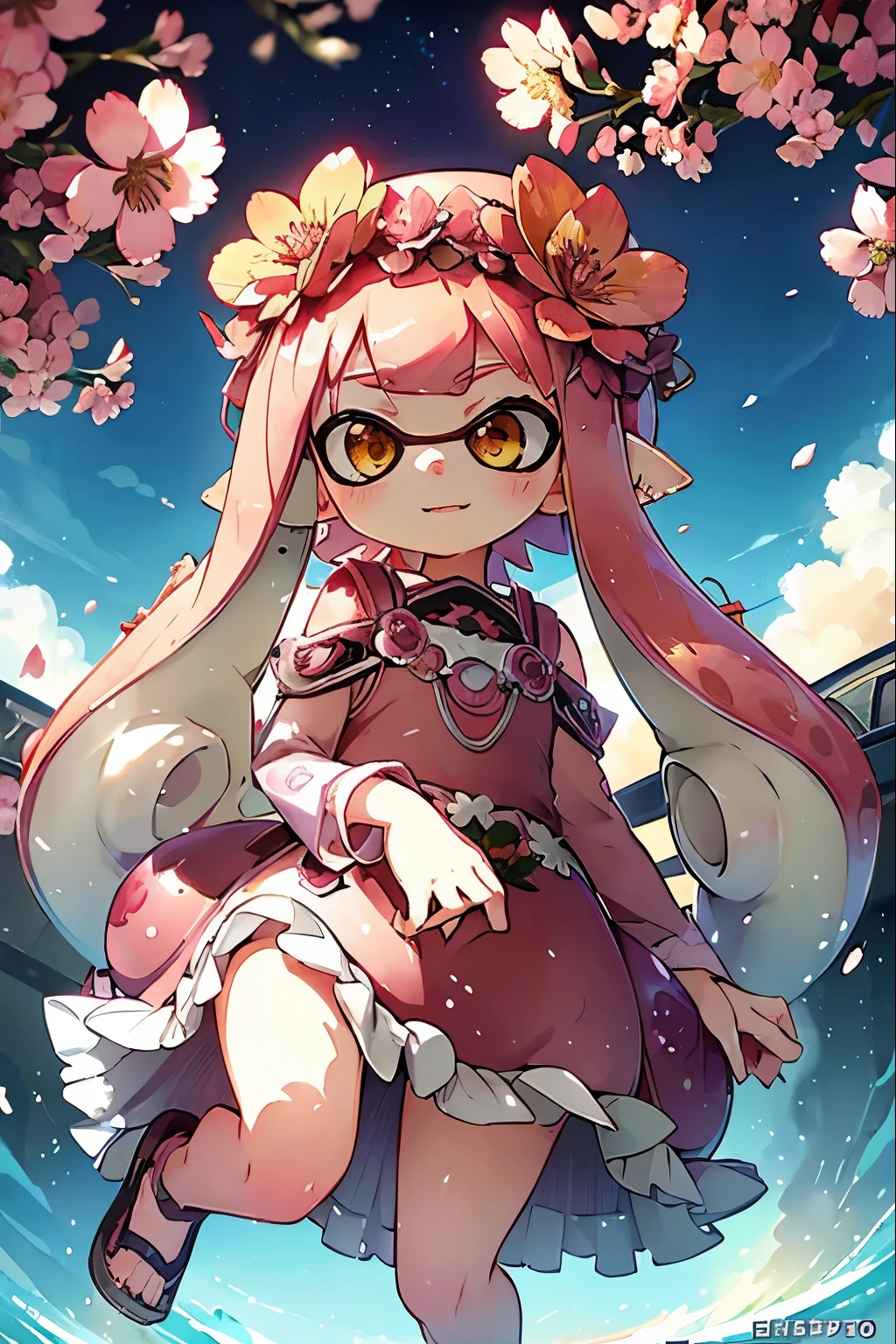 masterpiece、highest quality、High resolution、Real Anime、3D、background image、Flower Field、Flowers on one side、a lot of cherry blossom、SakuraFubuki、beautiful、beautiful、You can see far from the top of the hill、Ultra-wide angle、Splatoon Girl、From below、(((whole body)))、Golden Eyes、Pink tentacle hair、Metallic shiny tentacle hair、Flower Hair Ornaments、Flower crown、Girl looking up at the screen、Open Mouth Smile、blush、The flowers are scattered far and wide、