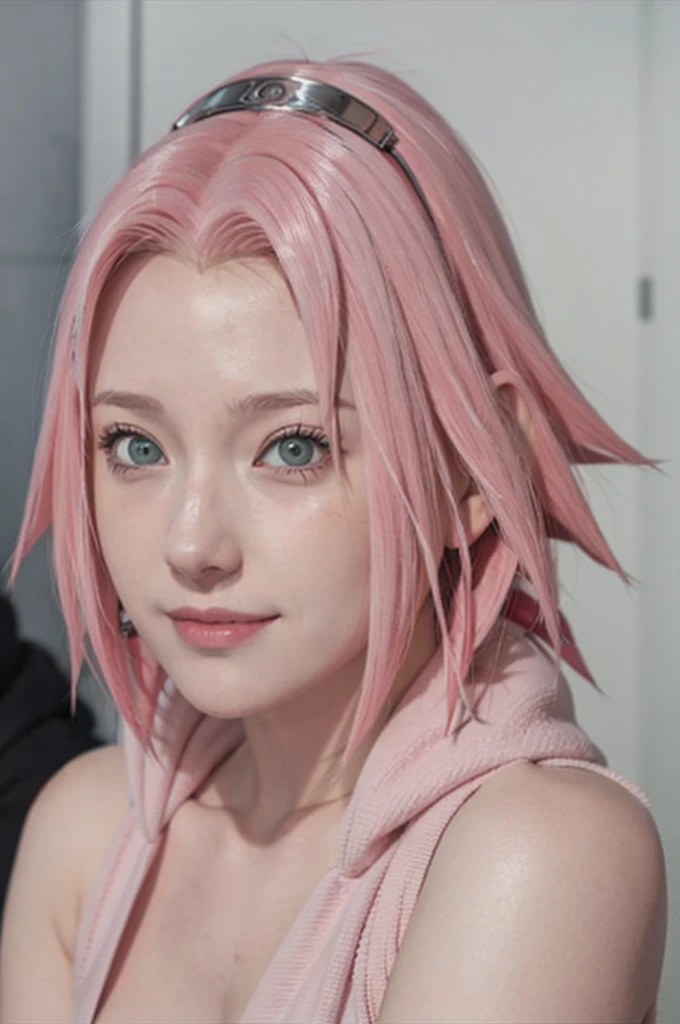person with short hair and a hoodie, haruno sakura, haruno sakura from naruto, from naruto, as an anime character, perfect anime face, she has pink hair, female anime character, anime character, anime best girl, hime cut hairstyle, pink hair, (red glossy lips:1.3), light green eyes, smile, (beautiful face:1.3), showing armpits, sweaty body,naked pose,clothless