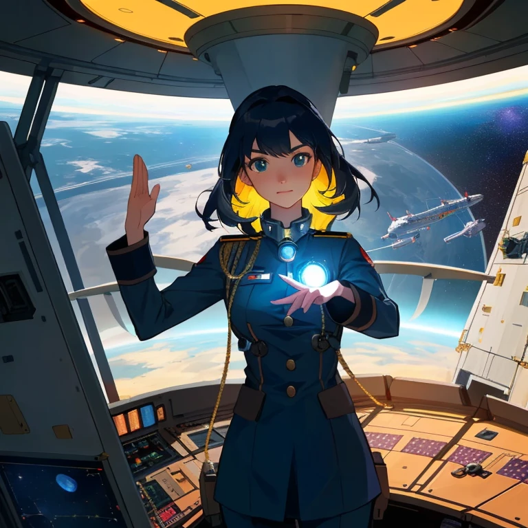 Certainly:
Description of the Woman:
The captain of the spaceship bears a countenance enriched with profound experience. Her hair is neatly gathered, and she dons a uniform tailored for the vessel's operations. Her vibrant eyes reflect an insatiable curiosity for the infinite cosmos and a resolute sense of duty. Her confident posture serves as a steadfast beacon of guidance for the crew.
Elements:
Before her stands an expansive console of the spacecraft, adorned with an array of buttons, switches, and control panels. Touch-sensitive displays grace her fingertips, while her hands move gracefully, orchestrating the spacecraft's operations. Each component is meticulously detailed, embodying futuristic technology.
Setting:
The bridge of the spaceship envelopes cutting-edge technology and refined design. Through the grand circular window, constellations sprawl across the expanse of space. The view from the captain's seat offers a sense of grandeur, evoking boundless possibilities.
Disposition:
The spaceship's captain maintains a poised demeanor, her gaze fixed intently upon the console. Her hands execute precise maneuvers, a testament to her competence and dedication to both crew safety and mission success. Her face portrays a sense of responsibility and assurance, exuding strength in the tranquility of her surroundings.
Theme and Style:
This artwork captures the captain's perspective as she navigates uncharted cosmos with a burden of responsibility. It artfully depicts curiosity, courage, and leadership through the lens of a woman at the helm. The fusion of futuristic aesthetics and a touch of realism crafts a captivating portrayal of a world where the enigma of space intertwines with scientific progress.