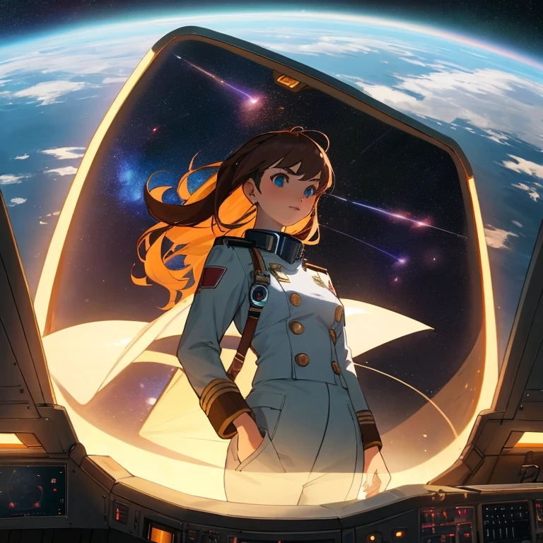 Certainly:
Description of the Woman:
The captain of the spaceship bears a countenance enriched with profound experience. Her hair is neatly gathered, and she dons a uniform tailored for the vessel's operations. Her vibrant eyes reflect an insatiable curiosity for the infinite cosmos and a resolute sense of duty. Her confident posture serves as a steadfast beacon of guidance for the crew.
Elements:
Before her stands an expansive console of the spacecraft, adorned with an array of buttons, switches, and control panels. Touch-sensitive displays grace her fingertips, while her hands move gracefully, orchestrating the spacecraft's operations. Each component is meticulously detailed, embodying futuristic technology.
Setting:
The bridge of the spaceship envelopes cutting-edge technology and refined design. Through the grand circular window, constellations sprawl across the expanse of space. The view from the captain's seat offers a sense of grandeur, evoking boundless possibilities.
Disposition:
The spaceship's captain maintains a poised demeanor, her gaze fixed intently upon the console. Her hands execute precise maneuvers, a testament to her competence and dedication to both crew safety and mission success. Her face portrays a sense of responsibility and assurance, exuding strength in the tranquility of her surroundings.
Theme and Style:
This artwork captures the captain's perspective as she navigates uncharted cosmos with a burden of responsibility. It artfully depicts curiosity, courage, and leadership through the lens of a woman at the helm. The fusion of futuristic aesthetics and a touch of realism crafts a captivating portrayal of a world where the enigma of space intertwines with scientific progress.