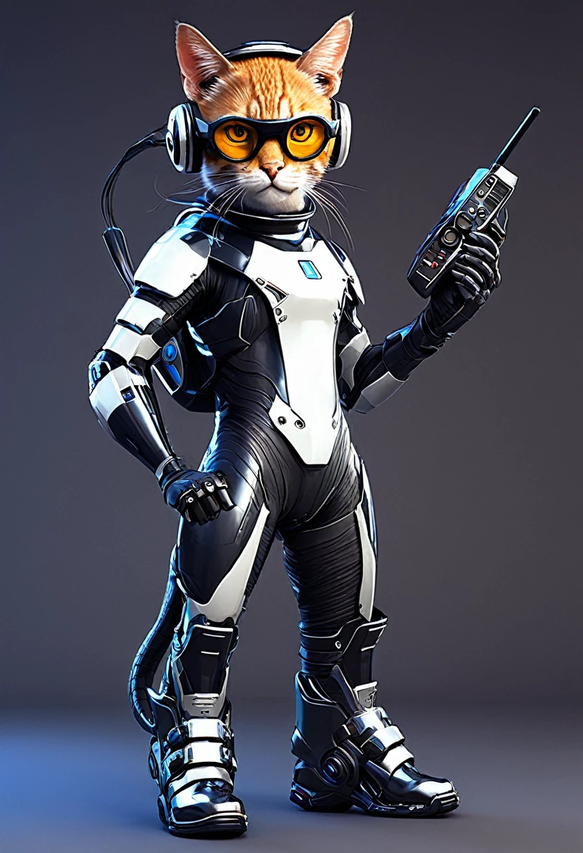 Gato dibujado futurista con lentes y casco ciber gato, parado imponente, with a look it would be, with one arm down and the other arm with a video game controller and boots on his feet