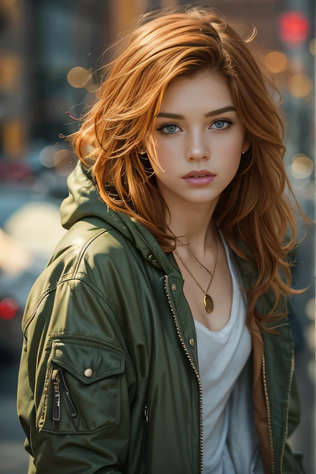 close portrait, Masterpiece, a Beautiful 20 years old girl, redhead, white skin, freckles, rounded body, rounded face
wearing see through top, v neck, cleavage, wearing a grunge jacket with a hood up, wearing vintage jewelry, short messy Hair,
Perfect face, Beautiful face, light green eyes, detailed eyes, looking tired, smiking, (smooth lighting), relaxed pose, Bright colors,
Manhattan Greenwhich village street as a background, sunny day, RAW, cinematic, ultra high res.photorealistic, UHD, (vintage grunge vibes:1.2)