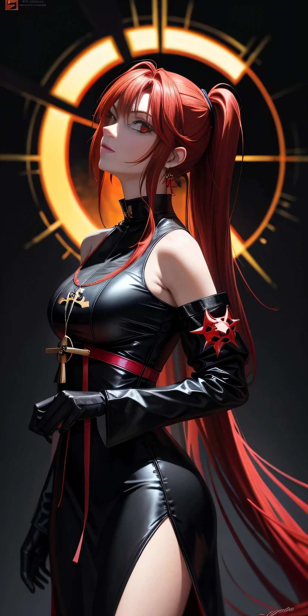 Neon red hair, Gothic battle now, Sun symbol on the skin, sexy vestido de monja negro amarillo, Pechos y escotes grandes