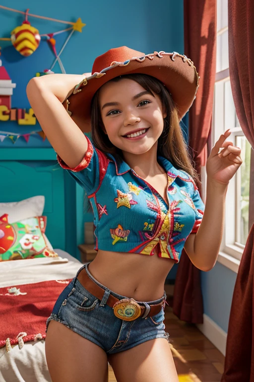 A detailed 3D rendering of Jessie from "Toy Story", captured in a playful pose, showcasing her red cowboy hat, embroidered details on her outfit, and a friendly smile, set against a colorful and dynamic background reminiscent of a 's bedroom filled with toys. High-resolution and vibrant colors bring this iconic character to life.