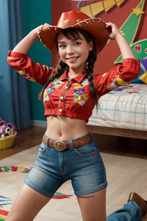 A detailed 3D rendering of Jessie from "Toy Story", captured in a playful pose, showcasing her red cowboy hat, embroidered details on her outfit, and a friendly smile, set against a colorful and dynamic background reminiscent of a child's bedroom filled with toys. High-resolution and vibrant colors bring this iconic character to life.