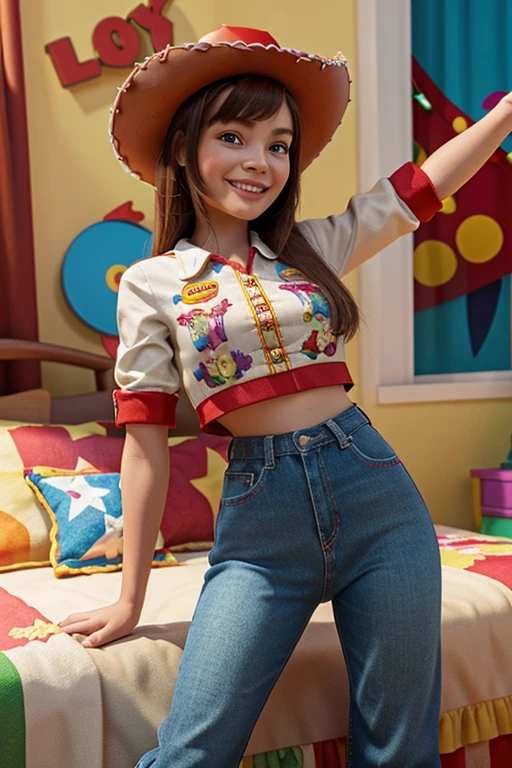 A detailed 3D rendering of Jessie from "Toy Story", captured in a playful pose, showcasing her red cowboy hat, embroidered details on her outfit, and a friendly smile, set against a colorful and dynamic background reminiscent of a 's bedroom filled with toys. High-resolution and vibrant colors bring this iconic character to life.