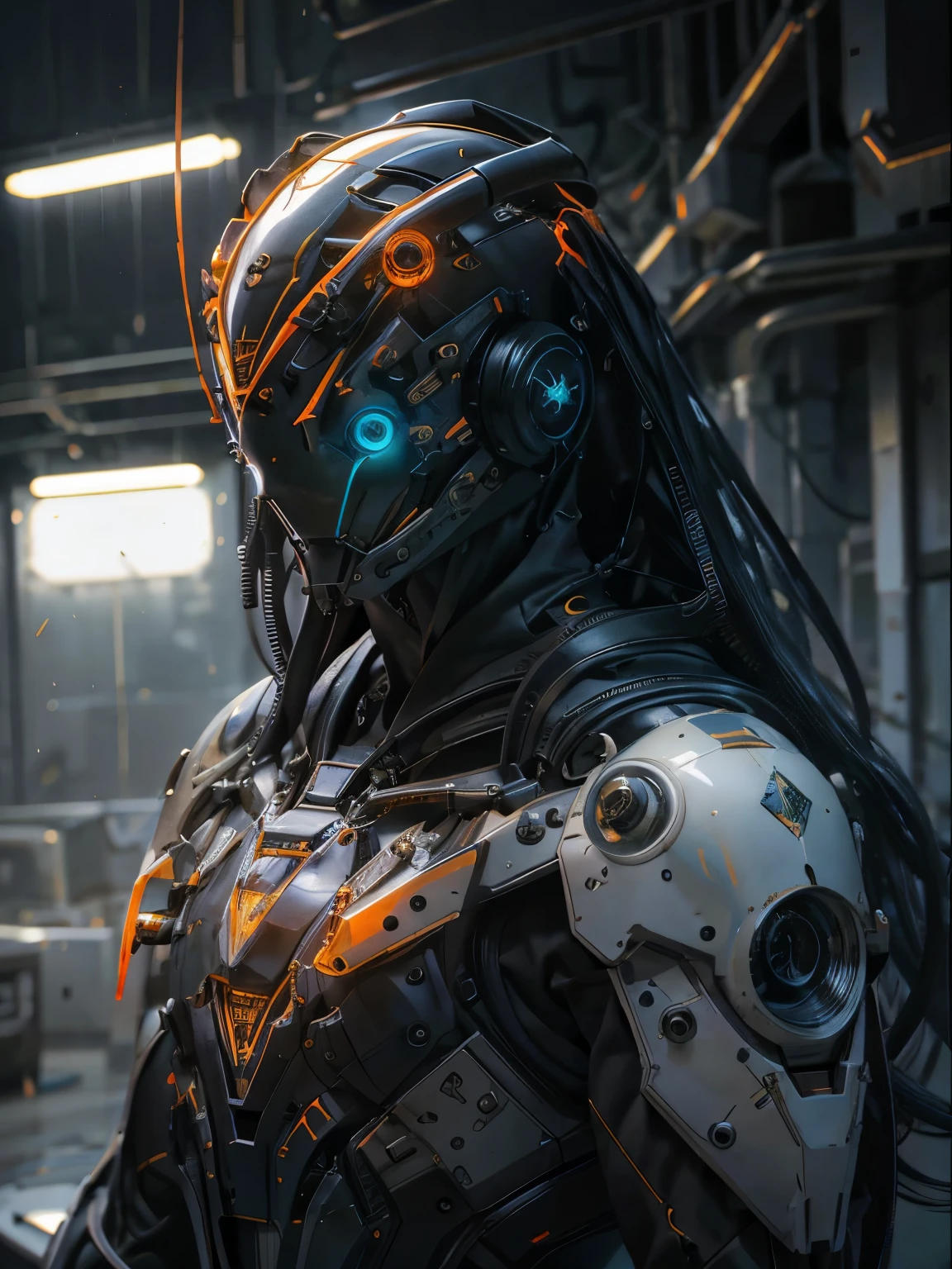 1 robot, organic, orange triangle glowing eyes, cyberhelmet, long hair, white plastic, diffuse lighting, fantasy, intricate, elegant, highly detailed, lifelike, photorealistic, smooth, sharp focus, art by John Collier and Albert Aublet and Krenz Cushart and Artem Demura, wires, tubes, dark room, dim light