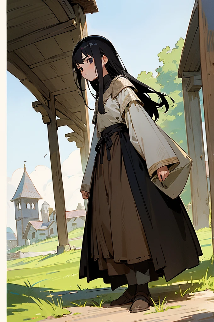 1girl, black hair, black eyes, adventurer, full body, standing, upright, medieval setting, small village, wooden buildings, grass, dirt, good proportions, detailed face, looking towards the viewer, serious expression, shoulder-length hair, trimmed hair