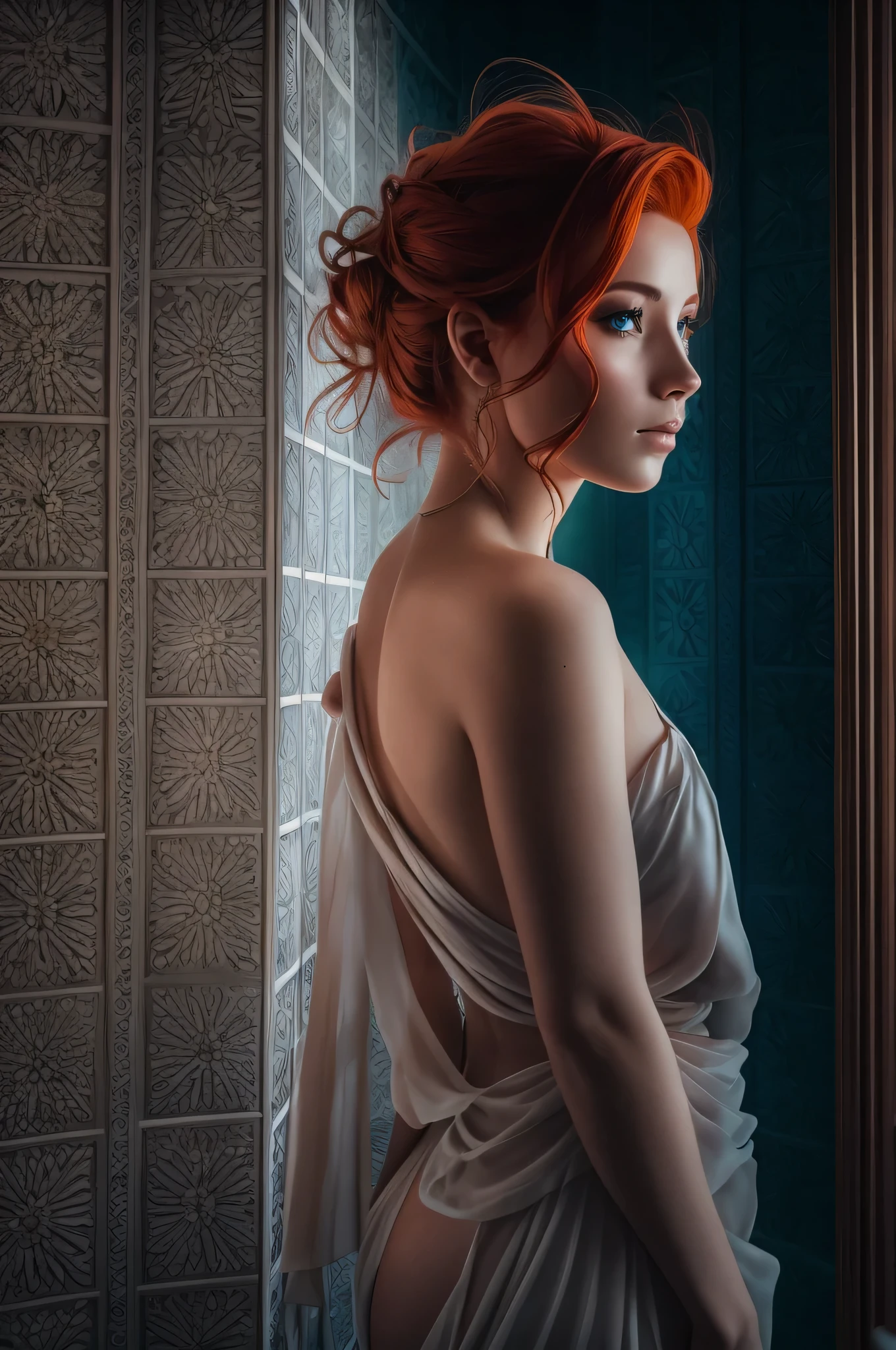 Full Body beautiful red-haired, blue - eyed young woman, with big breasts, in loose open bath clothing looking away from the camera.
with perfect lighting and composition. Dynamic pose. low key lighting from behind. sexy, alluring, seductive.
captured by a professional photographer using a high-end camera for photorealistic quality and intricate details, highly detailed hair + cinematic shot, glamour photography, Canon EOS 5D Mark IV DSLR camera, EF 50mm f/ 1. 8 STM lens. post processed. Saturation high. background blurred