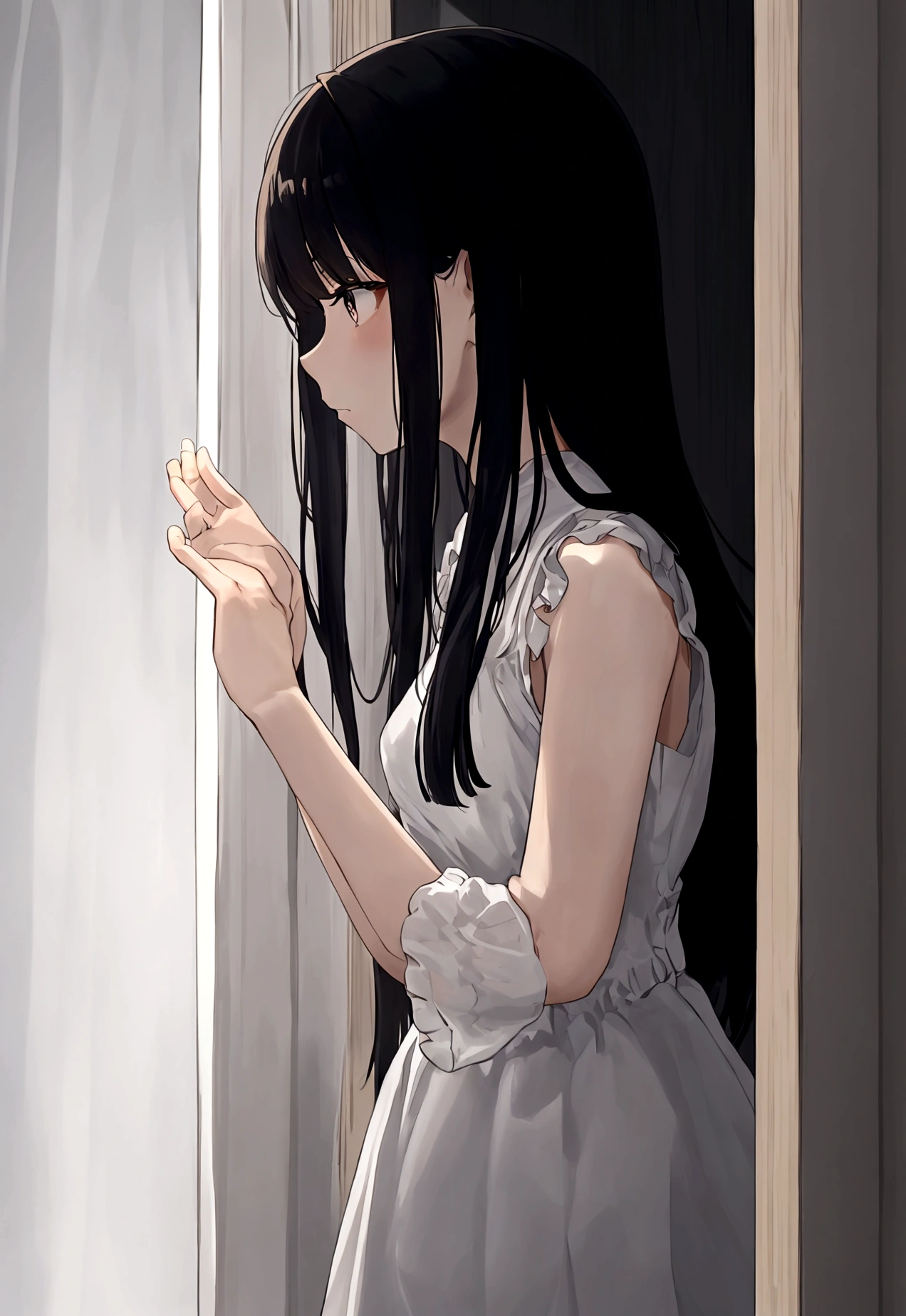 ((masterpiece), Absurd quality, 16k, detailed, (masterpiece:1.2), (pale_skin:1.2), (alone:1.2), (woman), thin, (Shine_eye), Long Hair, bangs, Black Hair, Outdoor, Sleeveless, Love Hotel、Innermost, In a dark corner not well lit by the flashing lights,The lighting is so dim that I can barely see anything. The girl in profile is breathing in the cold air from her breath. Cold raindrops fall on the foggy window、A dim light shines in from outside。, Brighten up the interior atmosphere..A girl with a calm and thoughtful expression