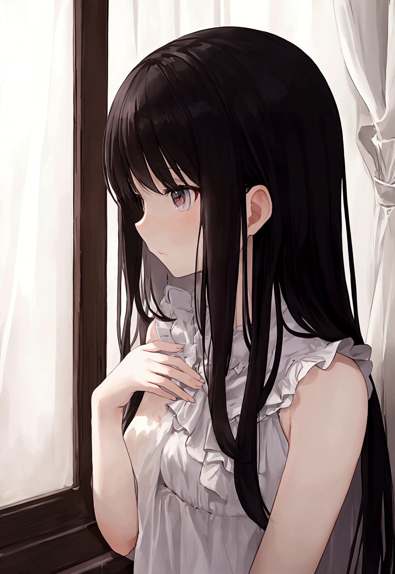 ((masterpiece), Absurd quality, 16k, detailed, (masterpiece:1.2), (pale_skin:1.2), (alone:1.2), (woman), thin, (Shine_eye), Long Hair, bangs, Black Hair, Outdoor, Sleeveless, Love Hotel、Innermost, In a dark corner not well lit by the flashing lights,The lighting is so dim that I can barely see anything. The girl in profile is breathing in the cold air from her breath. Cold raindrops fall on the foggy window、A dim light shines in from outside。, Brighten up the interior atmosphere..A girl with a calm and thoughtful expression