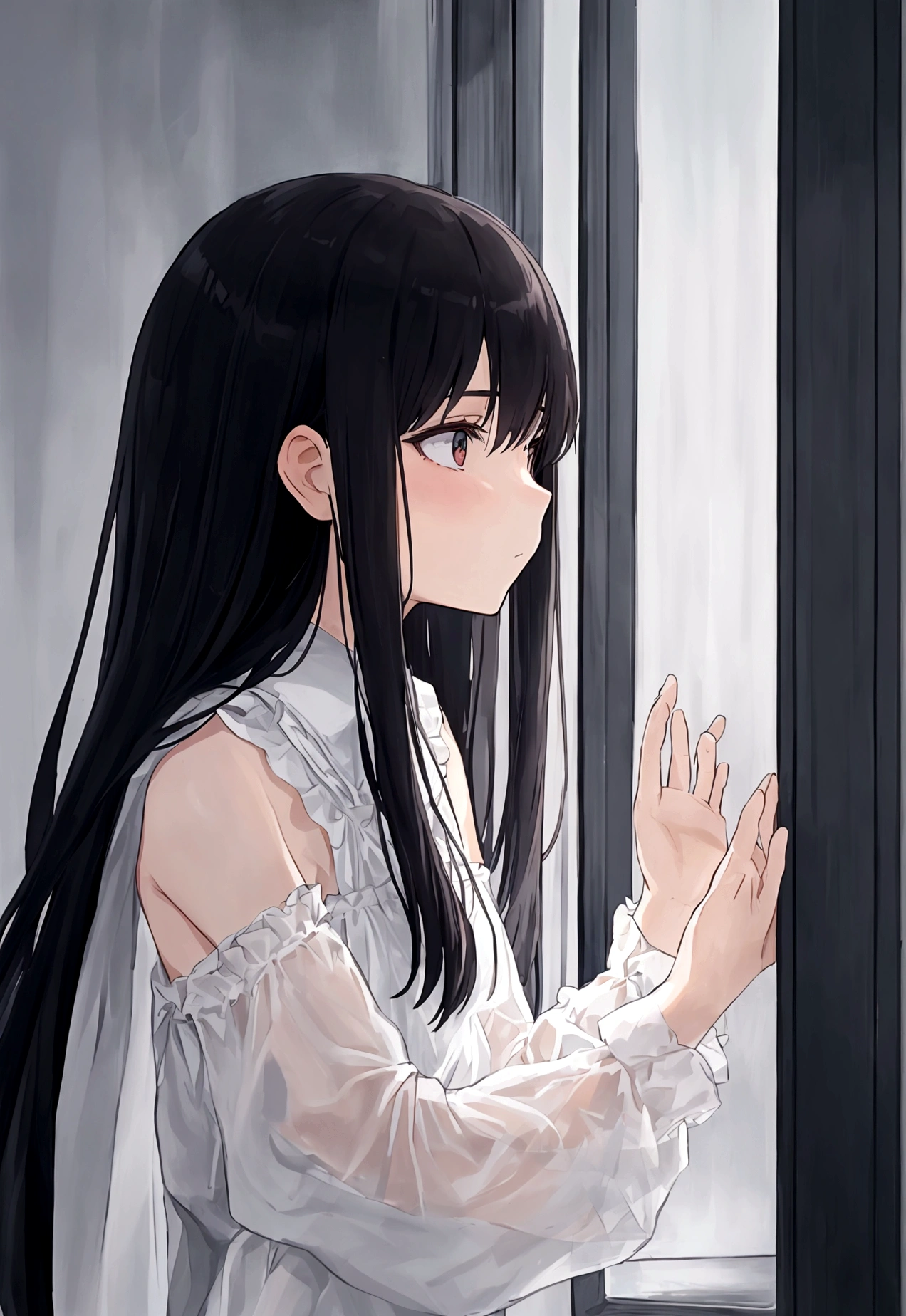 ((masterpiece), Absurd quality, 16k, detailed, (masterpiece:1.2), (pale_skin:1.2), (alone:1.2), (woman), thin, (Shine_eye), Long Hair, bangs, Black Hair, Outdoor, Sleeveless, Love Hotel、Innermost, In a dark corner not well lit by the flashing lights,The lighting is so dim that I can barely see anything. The girl in profile is breathing in the cold air from her breath. Cold raindrops fall on the foggy window、A dim light shines in from outside。, Brighten up the interior atmosphere..A girl with a calm and thoughtful expression