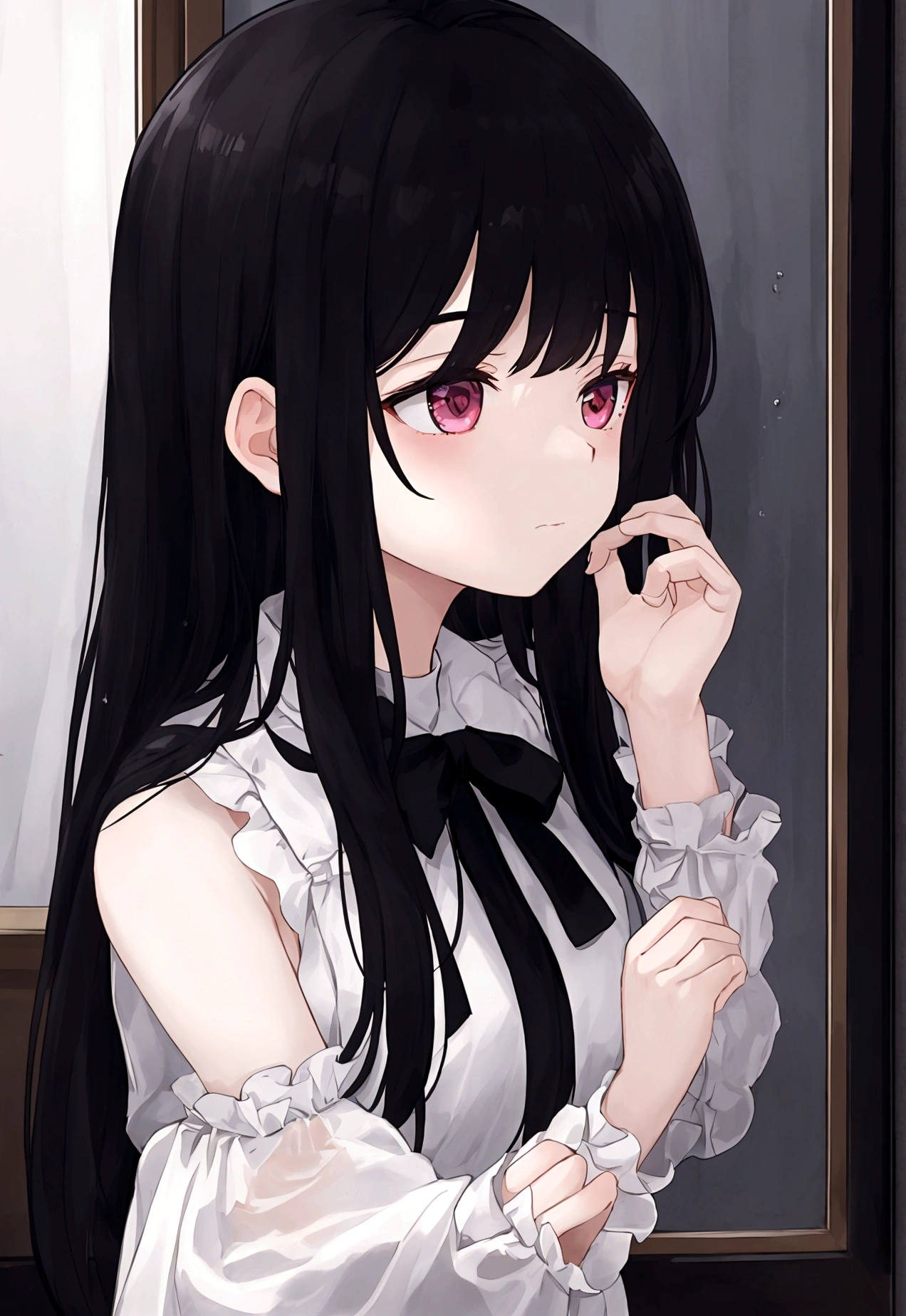 ((masterpiece), Absurd quality, 16k, detailed, (masterpiece:1.2), (pale_skin:1.2), (alone:1.2), (woman), thin, (Shine_eye), Long Hair, bangs, Black Hair, Outdoor, Sleeveless, Love Hotel、Innermost, In a dark corner not well lit by the flashing lights,The lighting is so dim that I can barely see anything. The girl in profile is breathing in the cold air from her breath. Cold raindrops fall on the foggy window、A dim light shines in from outside。, Brighten up the interior atmosphere..A girl with a calm and thoughtful expression