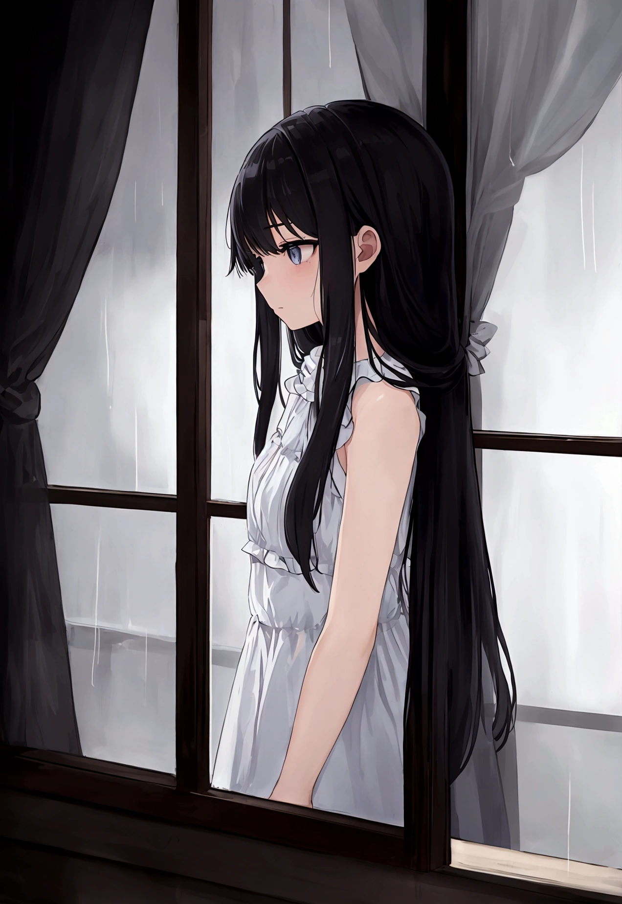((masterpiece), Absurd quality, 16k, detailed, (masterpiece:1.2), (pale_skin:1.2), (alone:1.2), (woman), thin, (Shine_eye), Long Hair, bangs, Black Hair, Outdoor, Sleeveless, Love Hotel、Innermost, In a dark corner not well lit by the flashing lights,The lighting is so dim that I can barely see anything. The girl in profile is breathing in the cold air from her breath. Cold raindrops fall on the foggy window、A dim light shines in from outside。, Brighten up the interior atmosphere..A girl with a calm and thoughtful expression