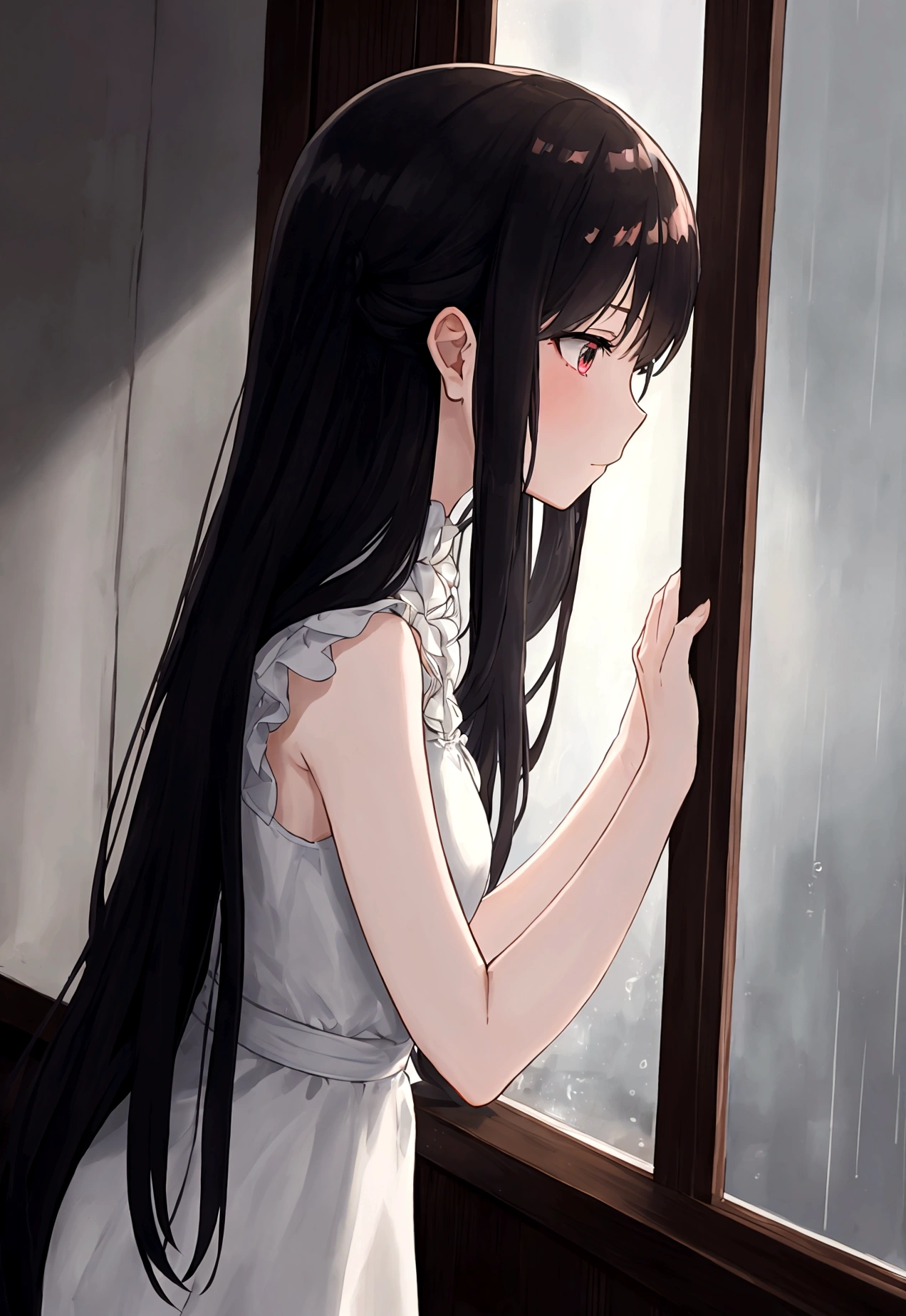 ((masterpiece), Absurd quality, 16k, detailed, (masterpiece:1.2), (pale_skin:1.2), (alone:1.2), (woman), thin, (Shine_eye), Long Hair, bangs, Black Hair, Outdoor, Sleeveless, Love Hotel、Innermost, In a dark corner not well lit by the flashing lights,The lighting is so dim that I can barely see anything. The girl in profile is breathing in the cold air from her breath. Cold raindrops fall on the foggy window、A dim light shines in from outside。, Brighten up the interior atmosphere..A girl with a calm and thoughtful expression